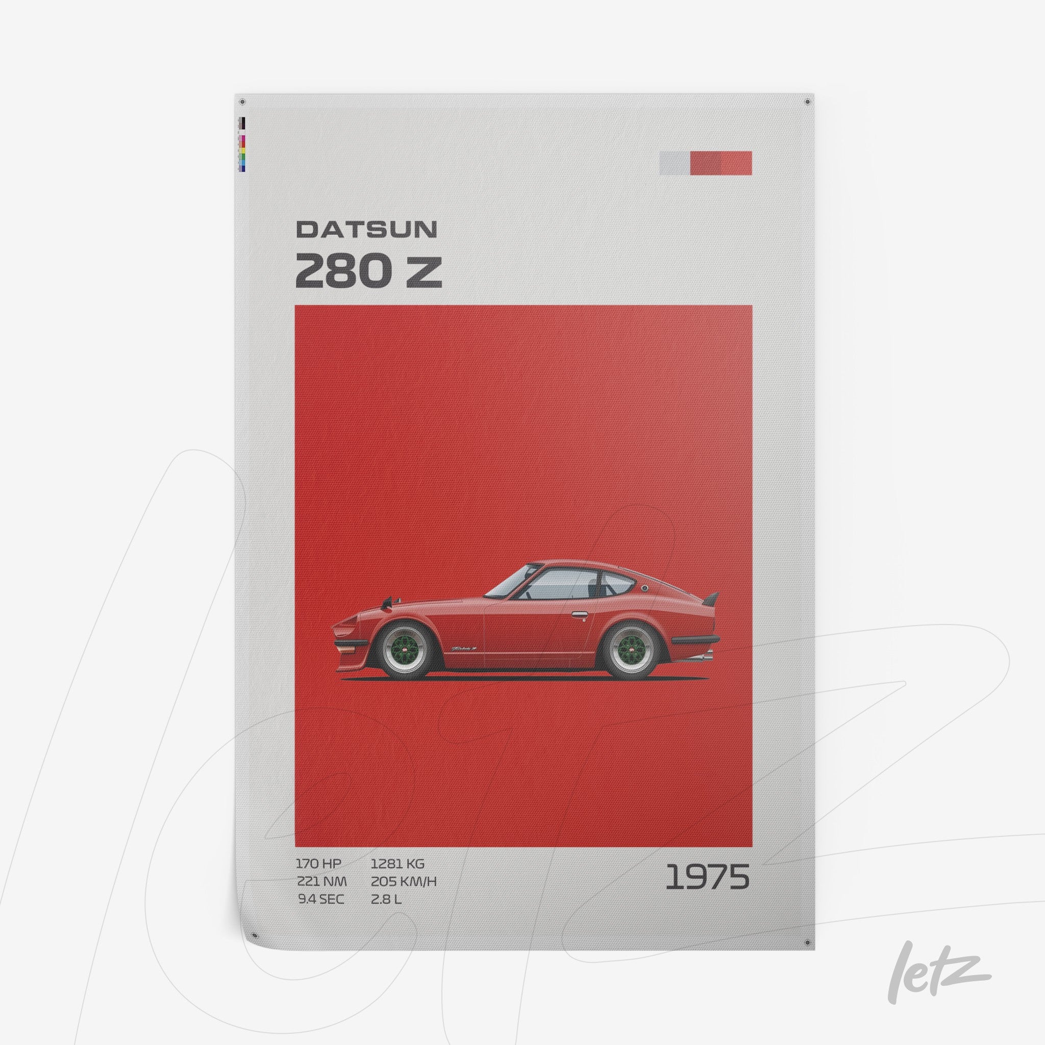 canvas art featuring Datsun 280 Z car illustration on red background with stylized markings