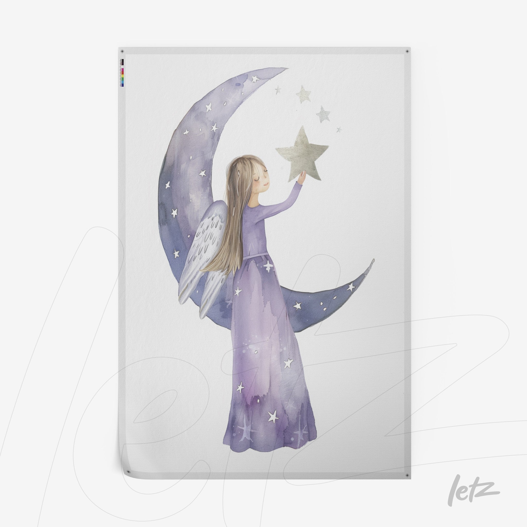 watercolor illustration of a girl in purple dress holding a star on a crescent moon against a white background