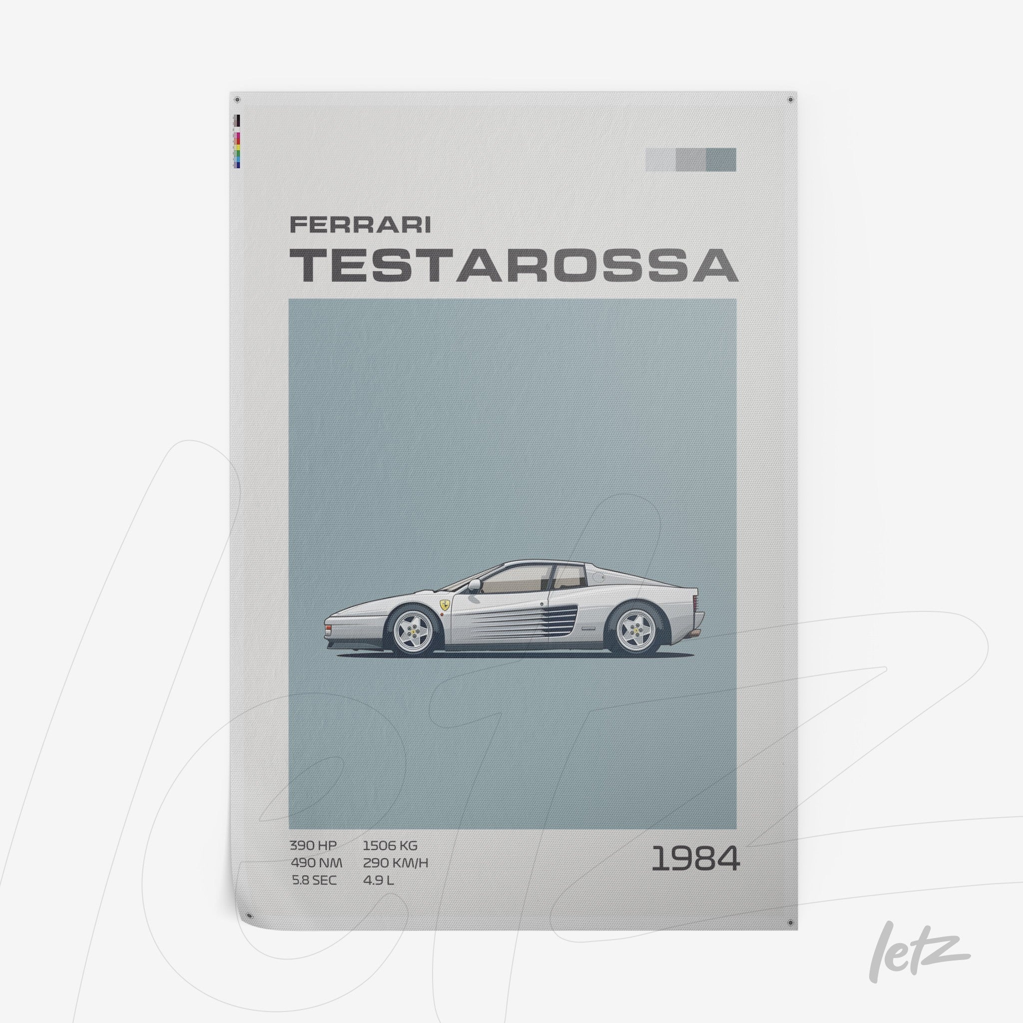 vintage style frame featuring an illustration of Ferrari Testarossa on a light blue background