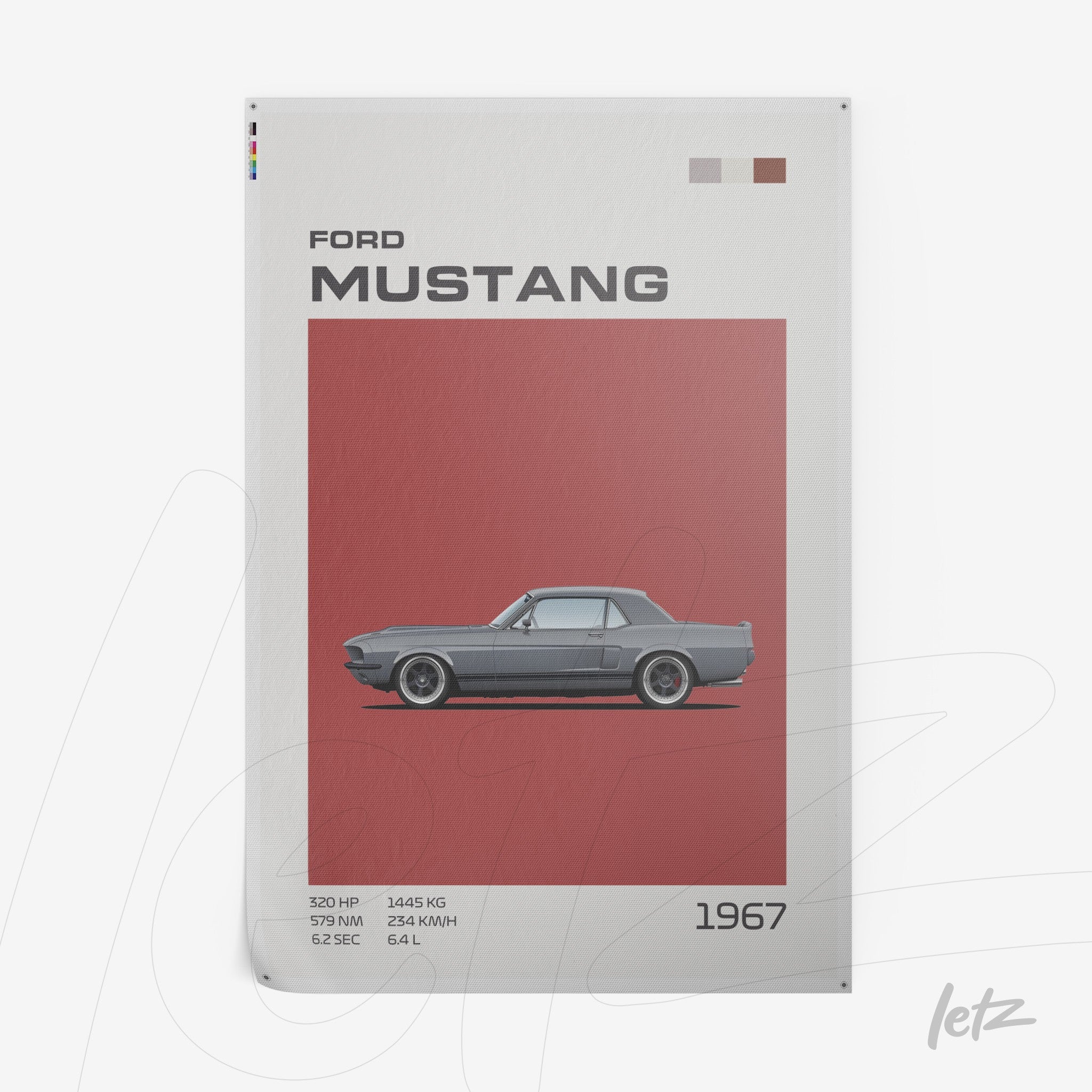 framed wall art featuring a minimalist illustration of a 1967 Ford Mustang on a red background