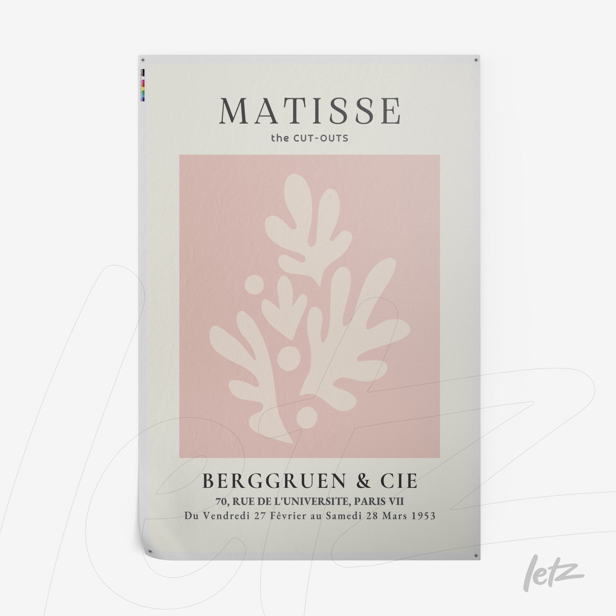 decorative artwork featuring Matisse style in soft pink background, showcasing organic shapes with subtle textures and classic typography