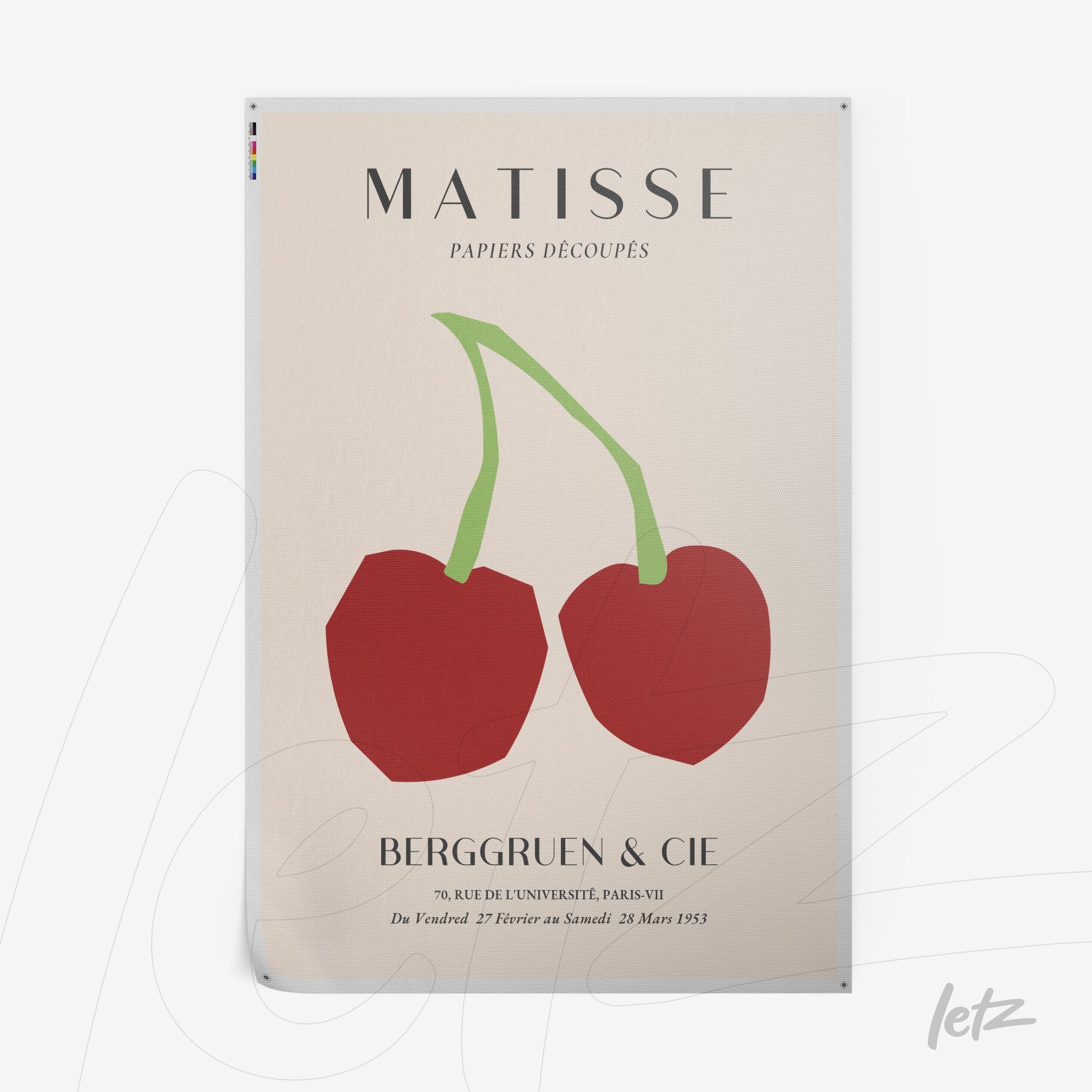 framed wall art featuring cut-out style red cherries on a light background with modern typography at the top