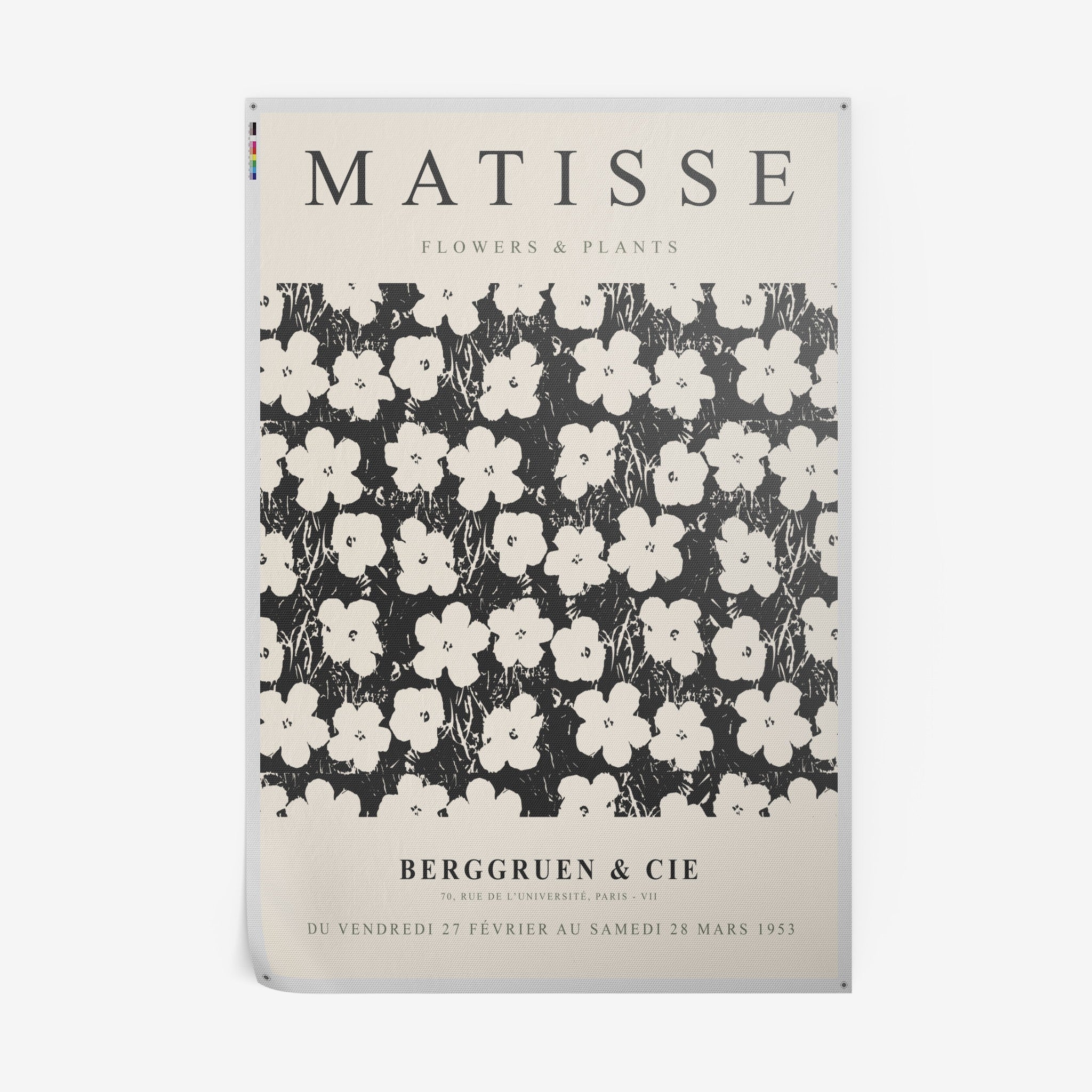 framed wall art featuring black and white graphic design of stylized flowers on a neutral background with vintage typography