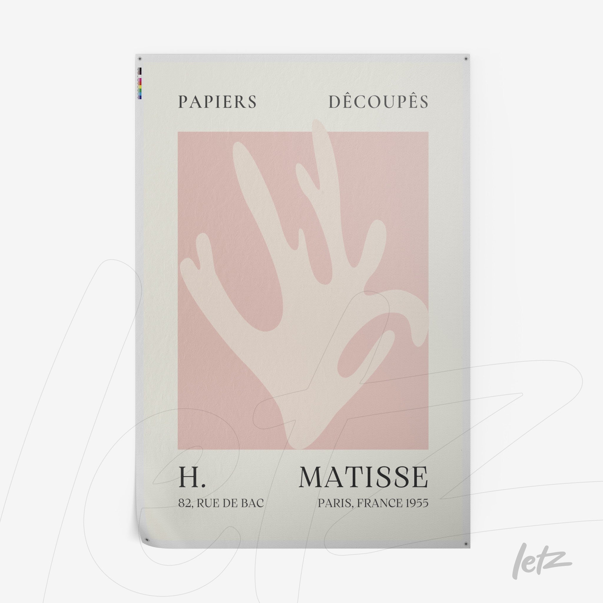 framed artwork featuring an abstract hand design on a light pink background with subtle text in a white frame