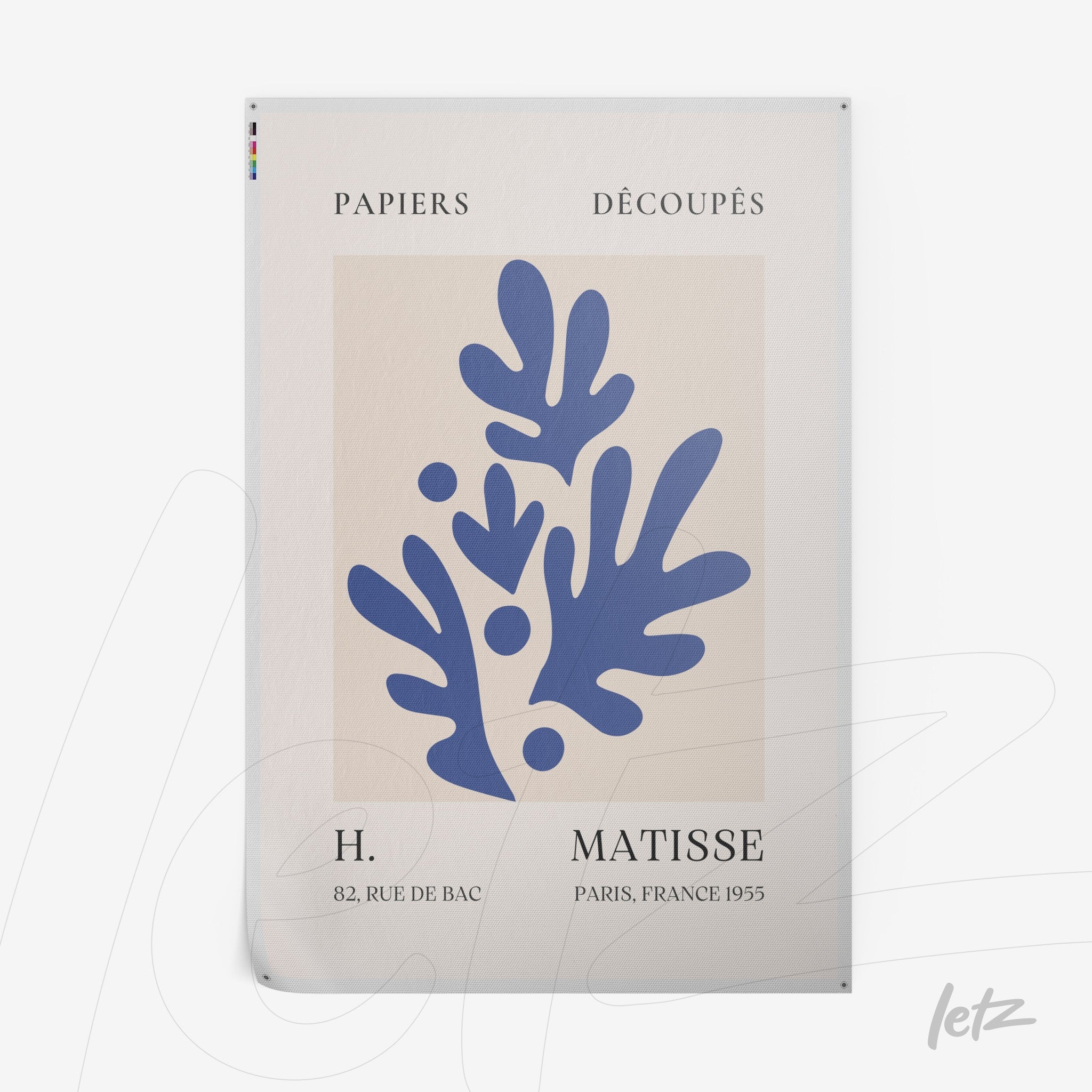 poster print featuring modern illustration of blue leaves on light beige background, showcasing artist name 'H. Matisse' and elegant typography details