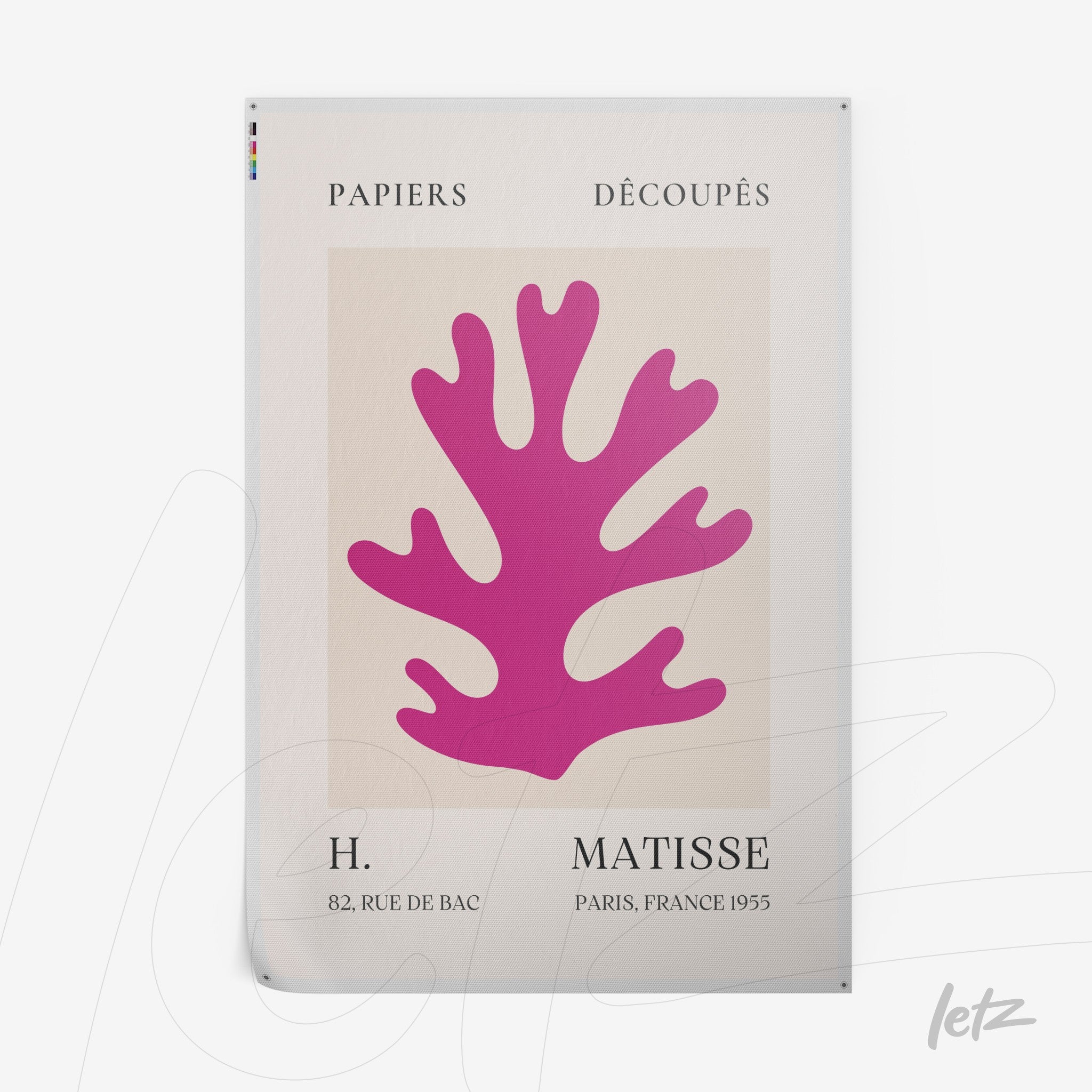 poster print featuring vibrant pink paper cut art on a light background with elegant typography including H. Matisse details