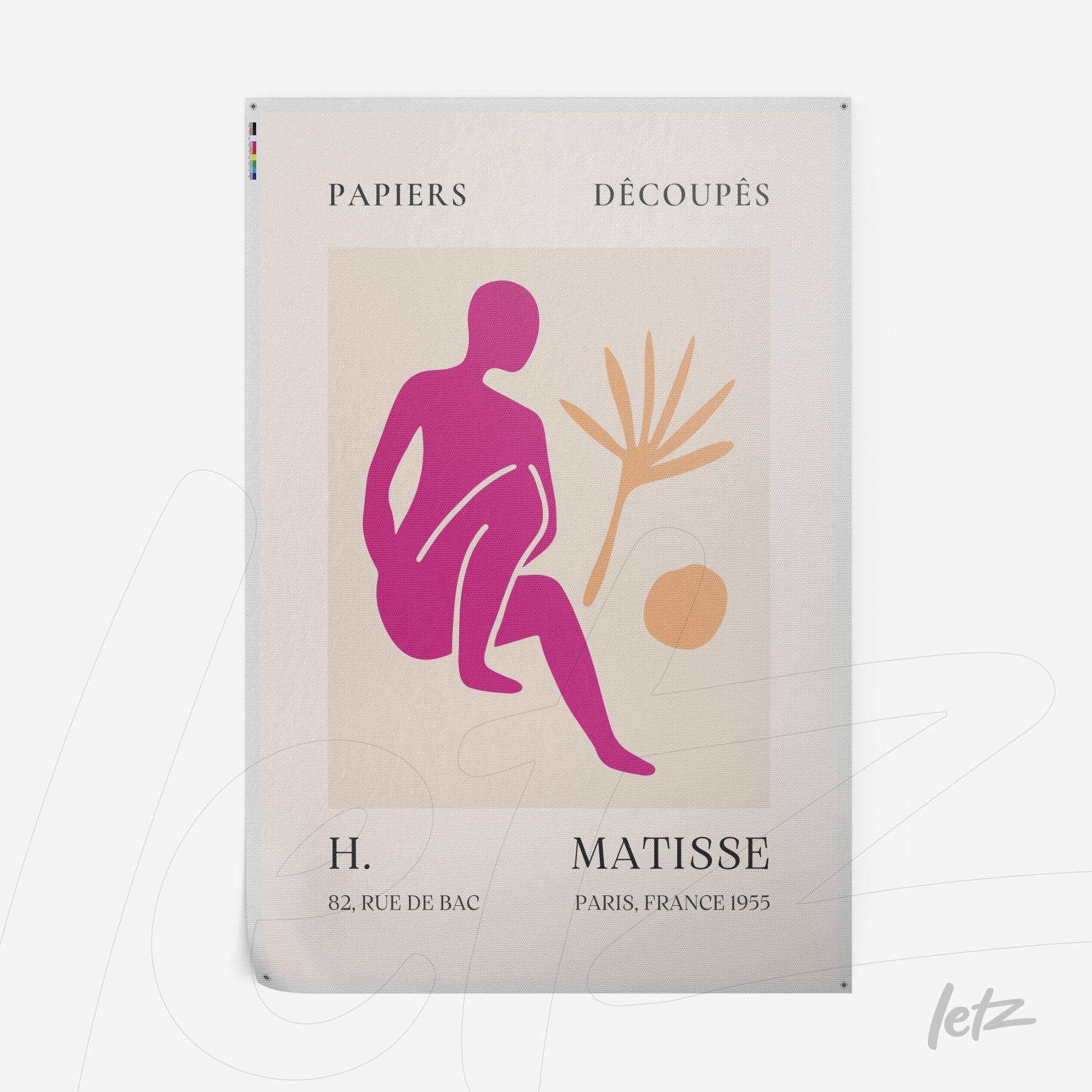 illustration in shades of pink and yellow featuring a seated human figure with a leaf beside, against a light background