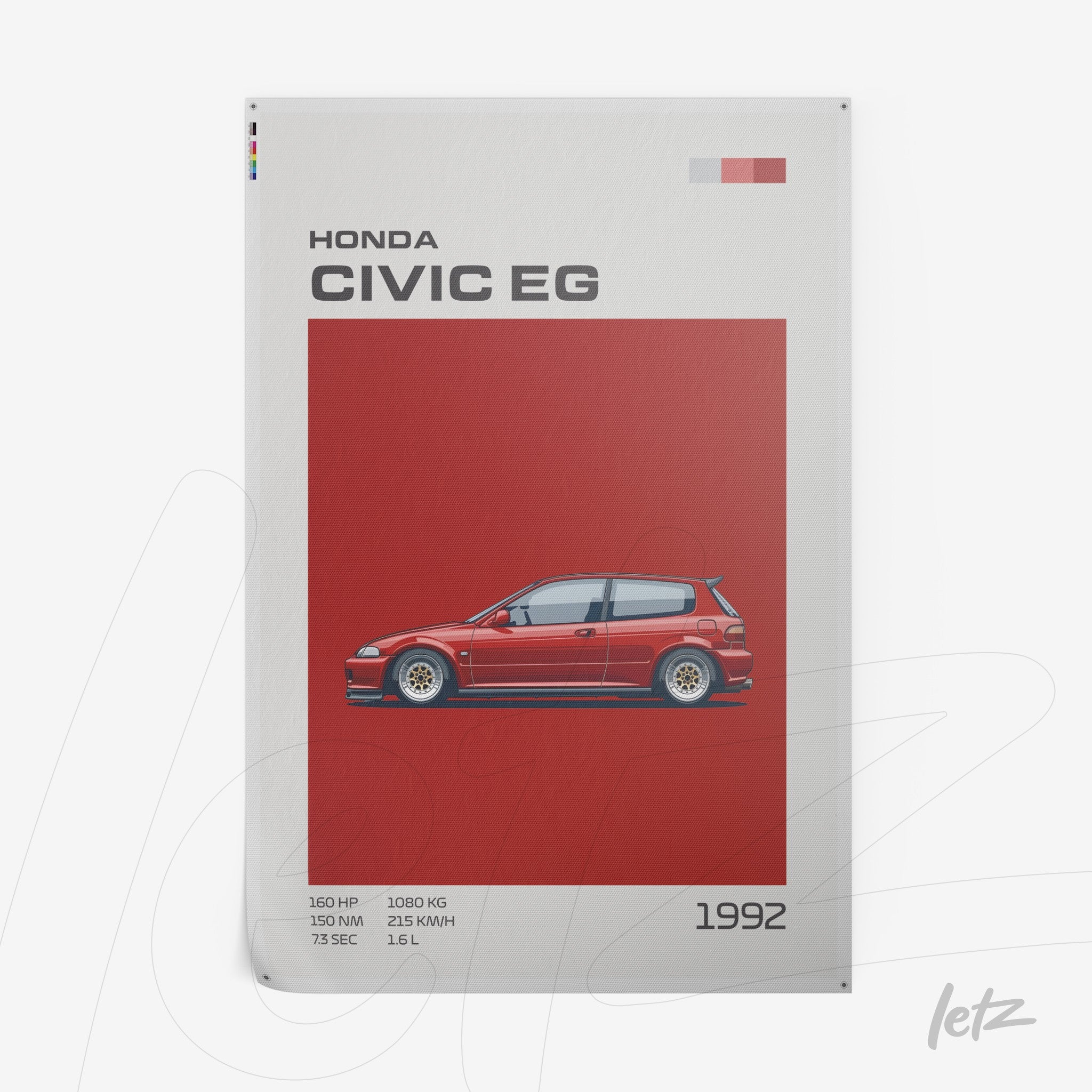 framed artwork featuring a 1992 Honda Civic EG illustration on vibrant red background with technical details