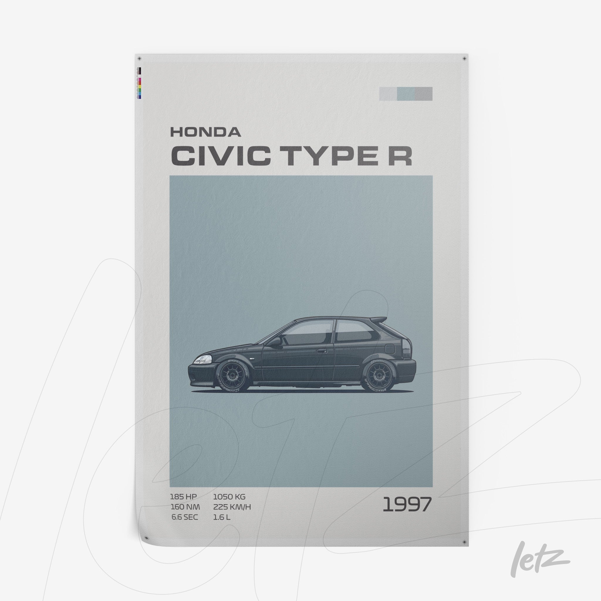 framed art featuring the 1997 Honda Civic Type R in light blue background, highlighting technical details such as horsepower and weight
