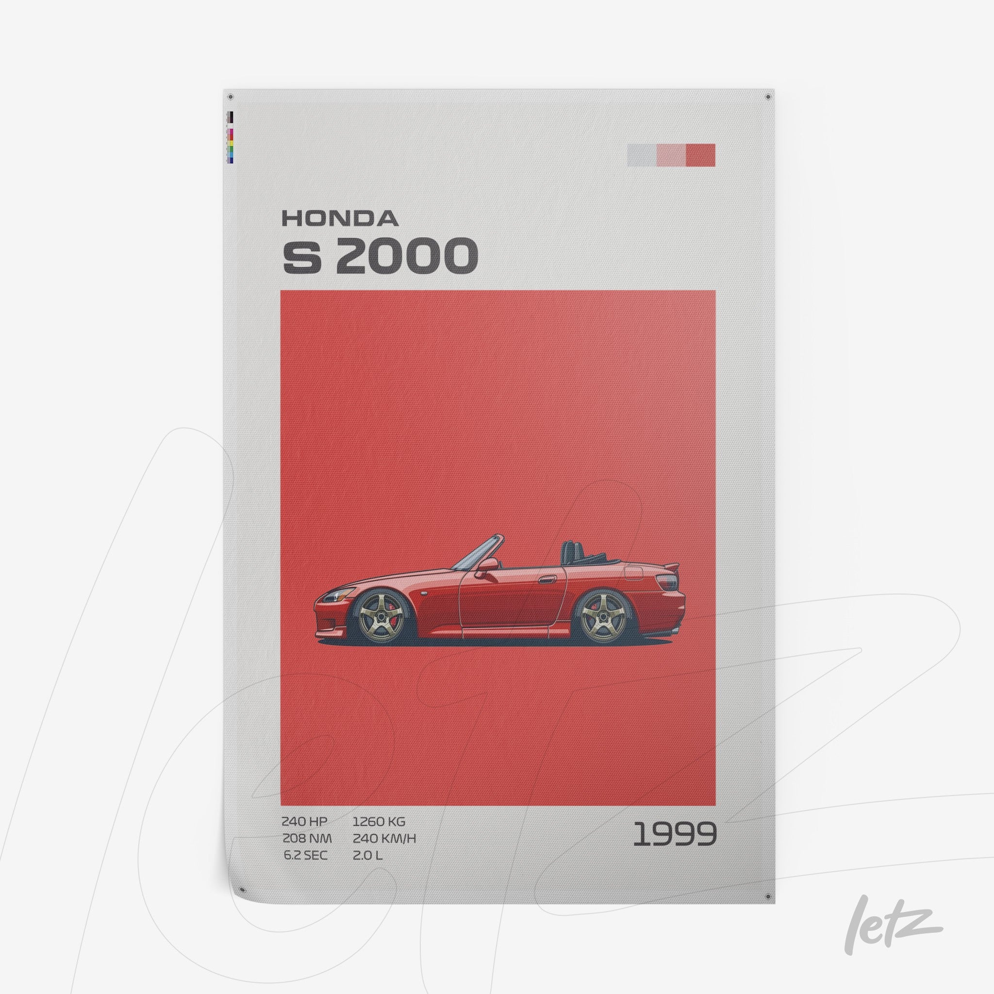 decorative wall art featuring illustration of red Honda S2000 car on vibrant red background