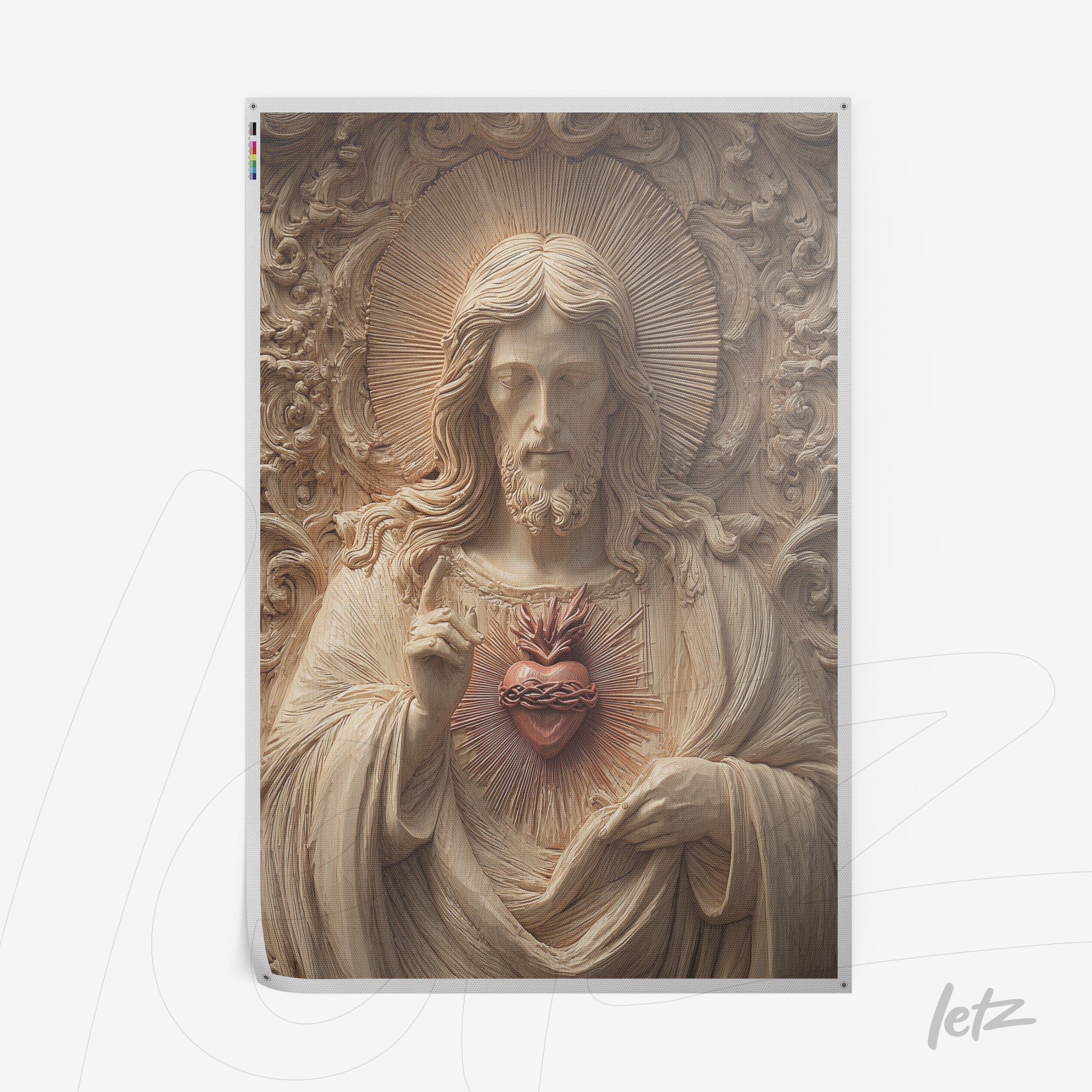 framed artwork featuring a detailed relief of Christ with a sacred heart, textured background and elegant frame