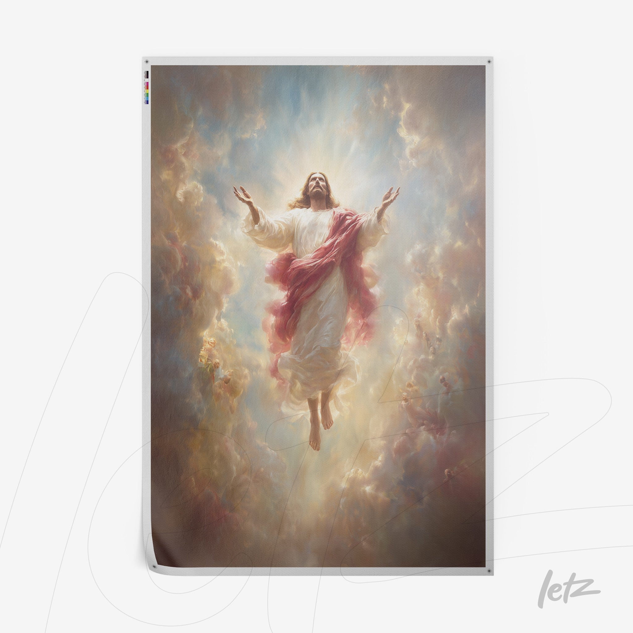 framed sacred art of Jesus Christ ascending, surrounded by clouds and celestial light in the background