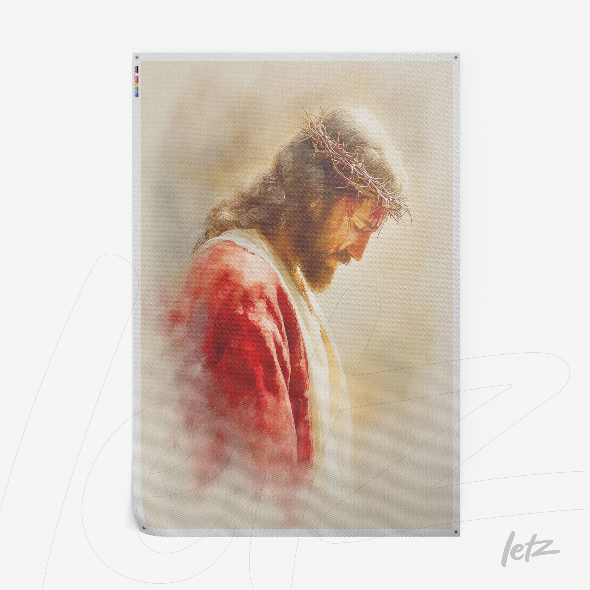 religious wall art featuring Jesus Christ wearing a crown of thorns with soft background and warm tones