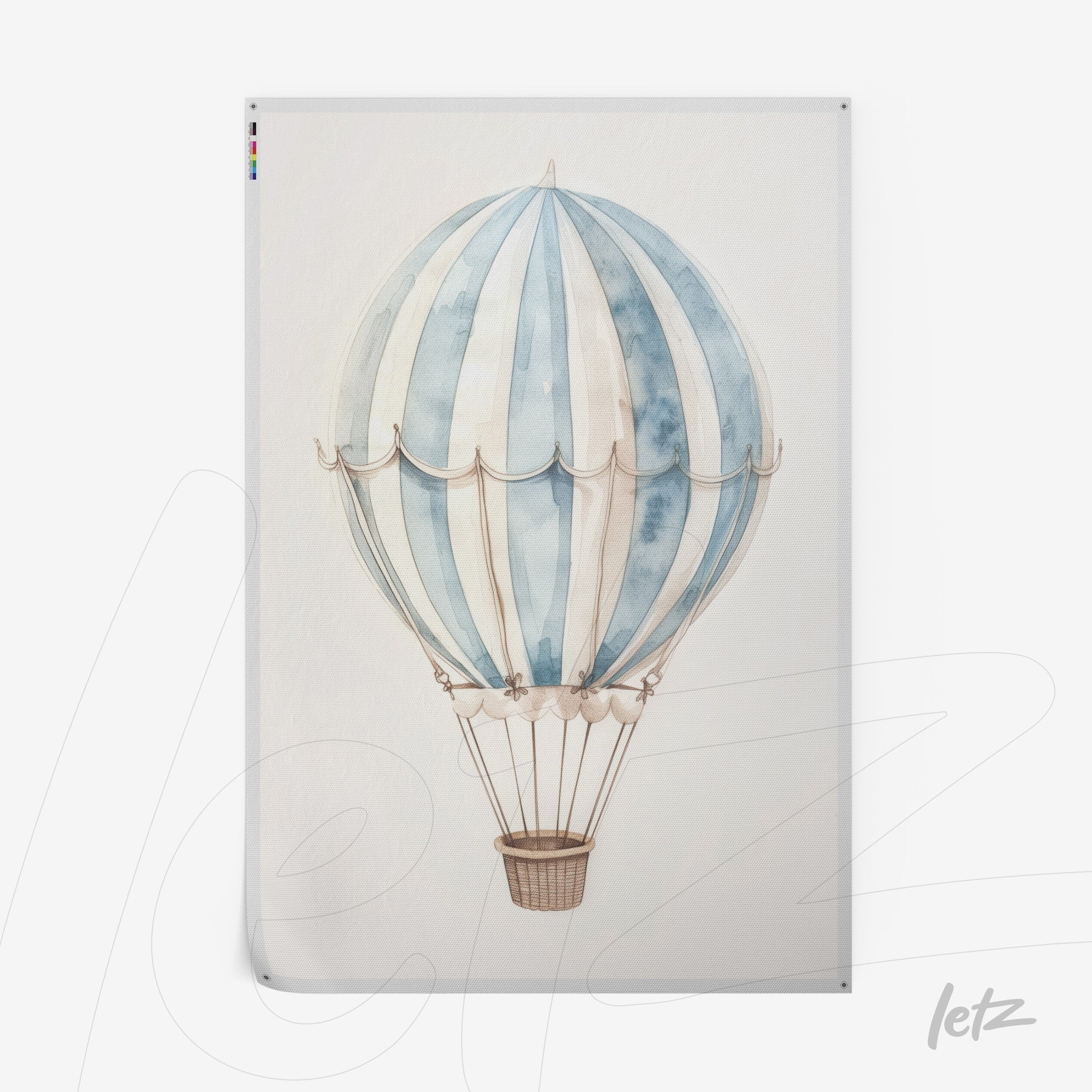 framed wall art featuring a hot air balloon illustration in blue and white tones against a light background