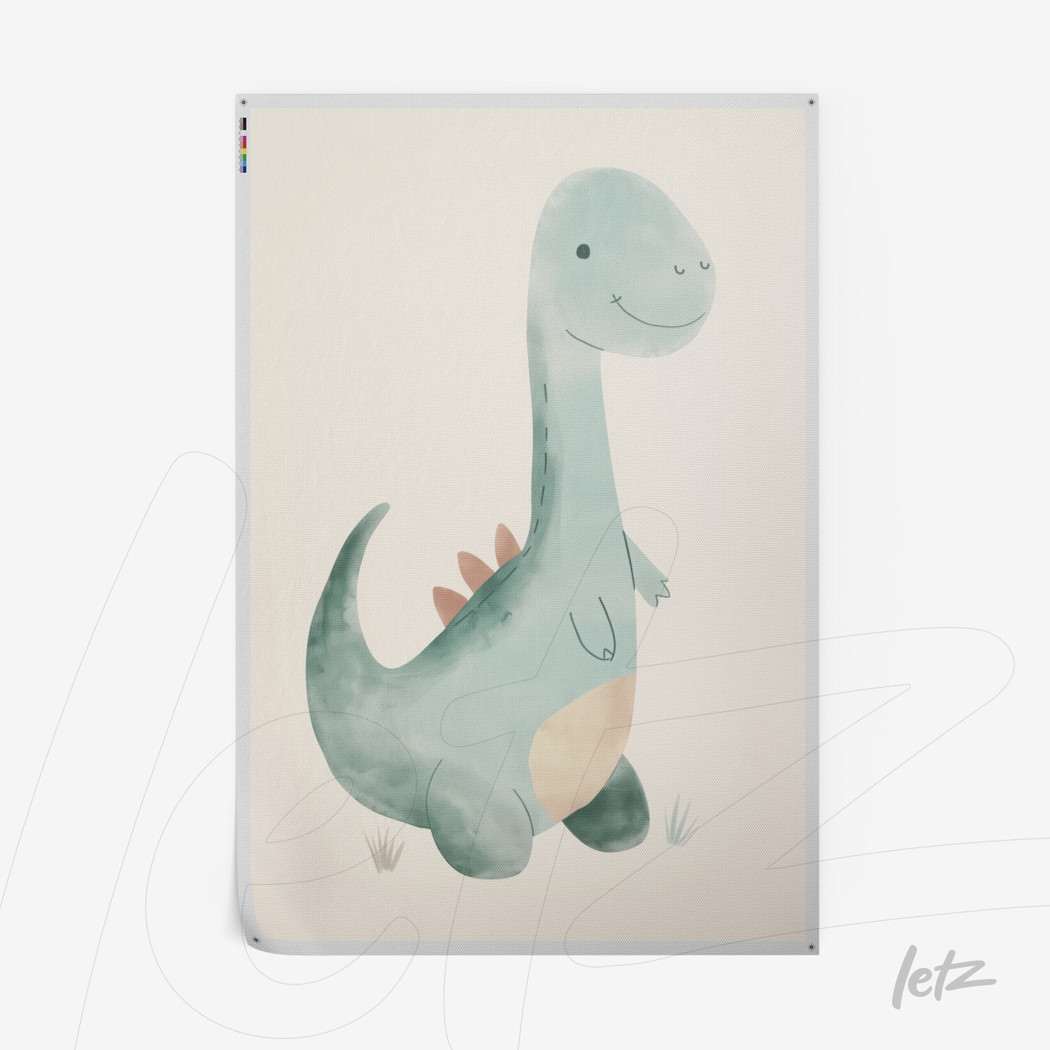 framed wall art featuring a cute dinosaur illustration in shades of blue and green against a light background