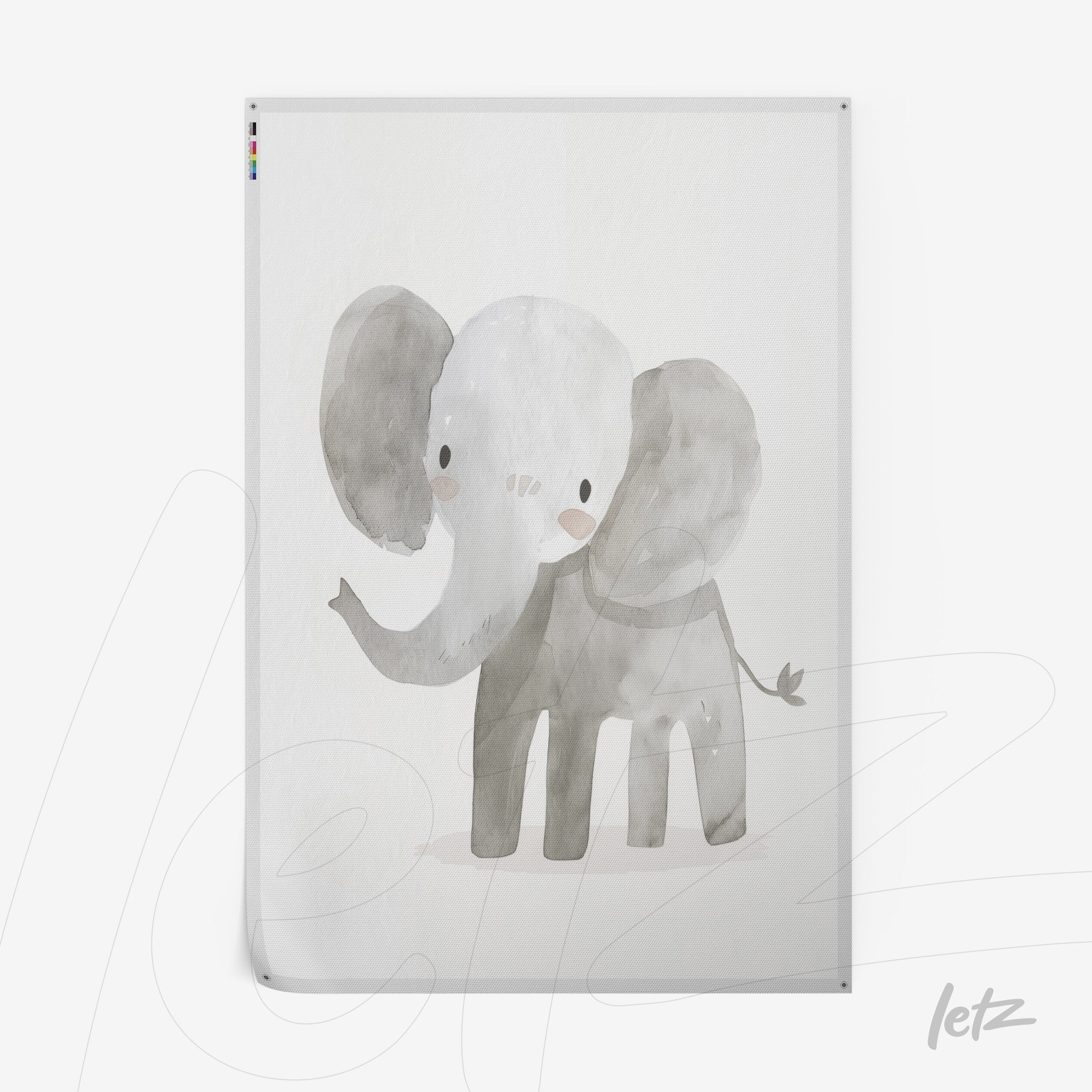 soft illustration of an elephant with simple lines and shades of gray and white