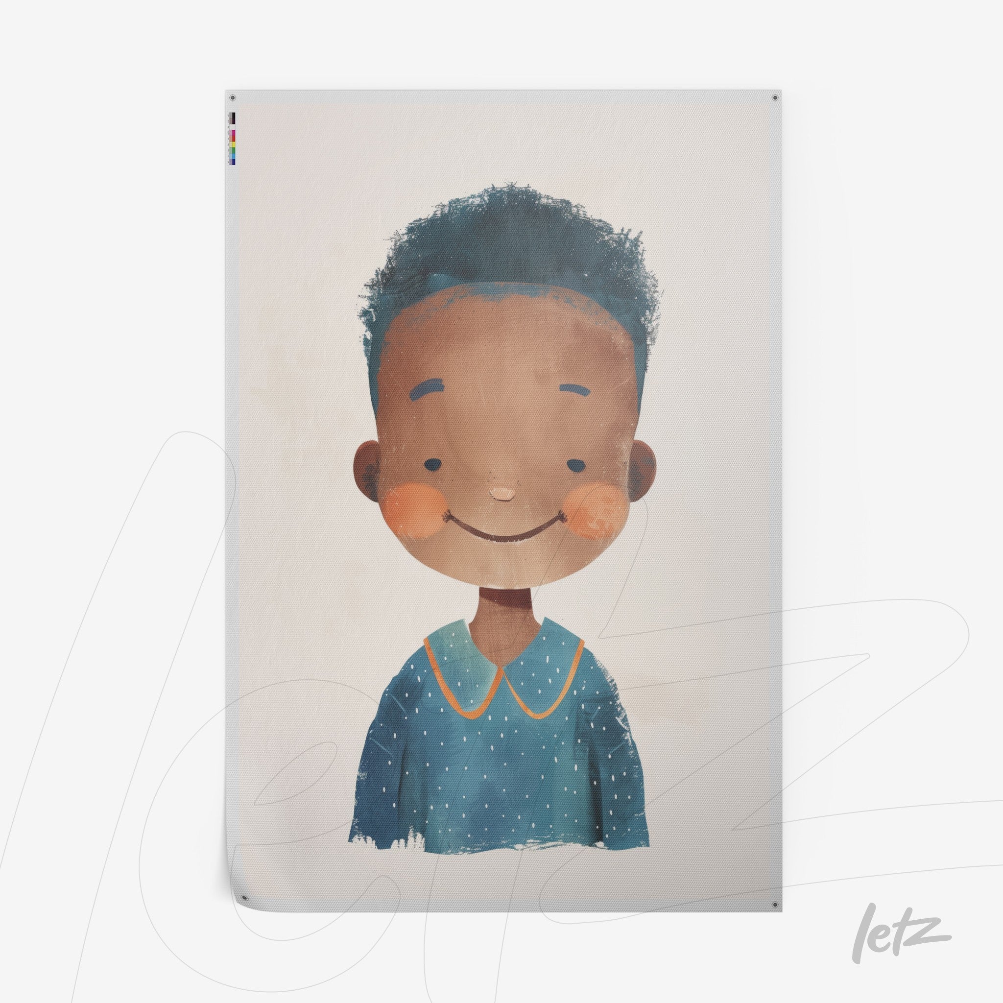 illustration of a cheerful child with curly hair wearing a blue shirt with polka dots