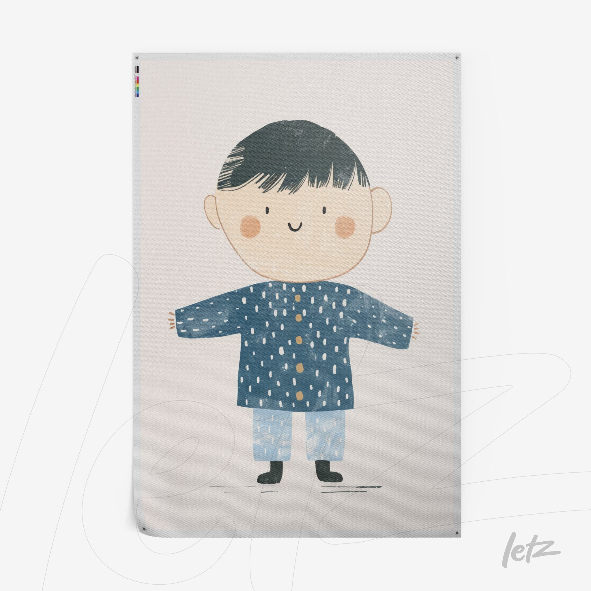 digital illustration of a smiling boy with black hair wearing a blue polka dot shirt set against a light background
