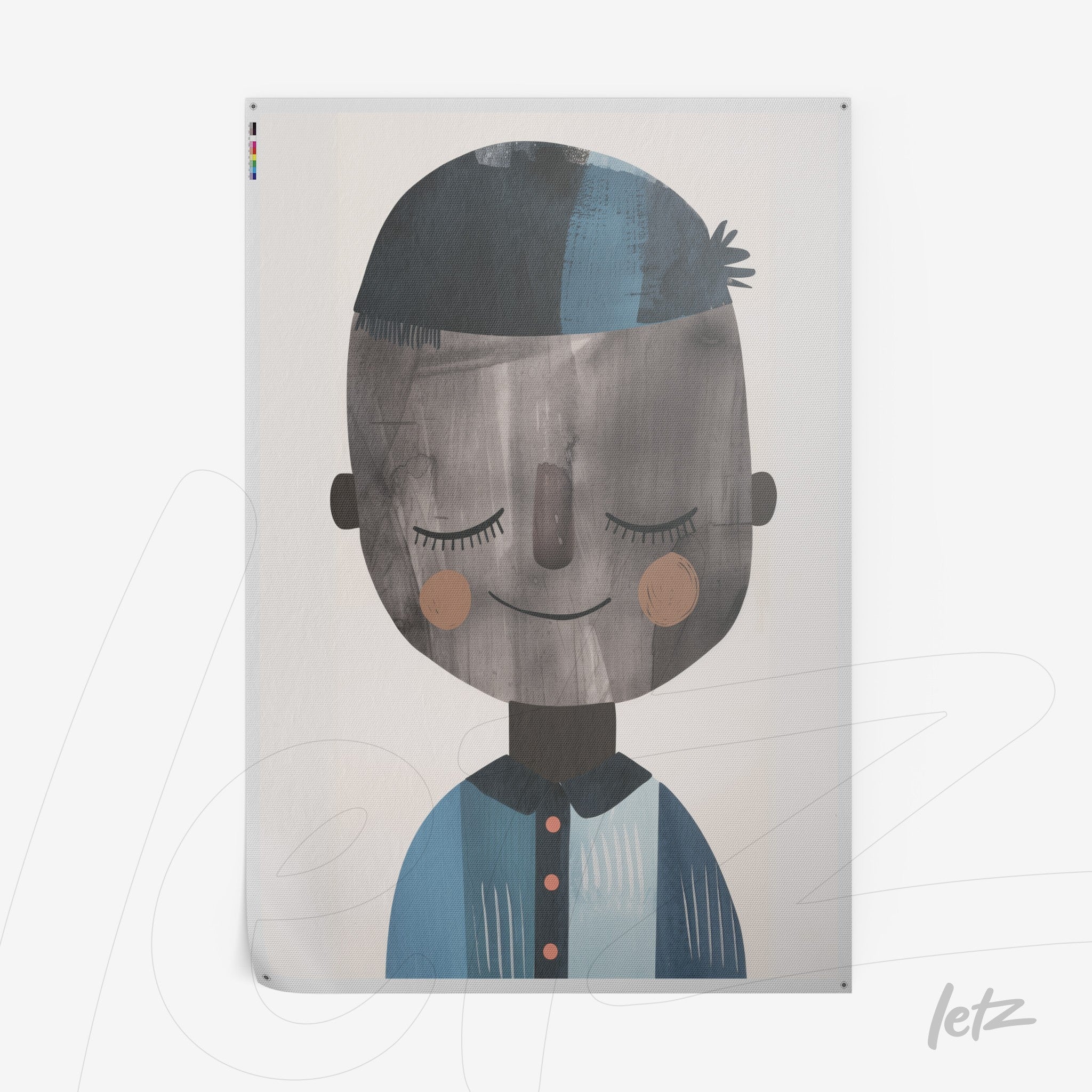 framed wall art featuring a smiling child character illustration in soft shades of blue and brown