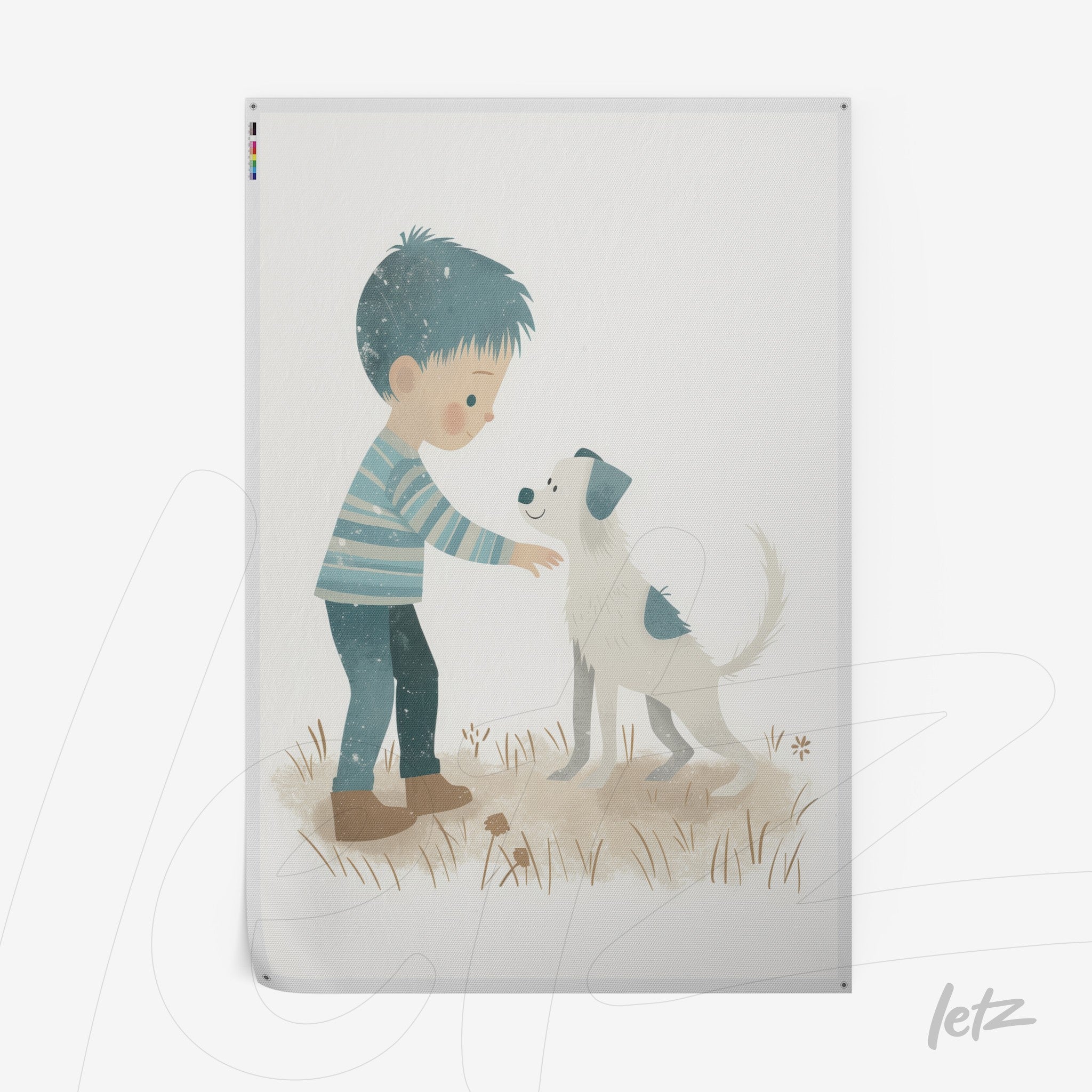 children's illustration of a boy petting a dog against a soft background with grass