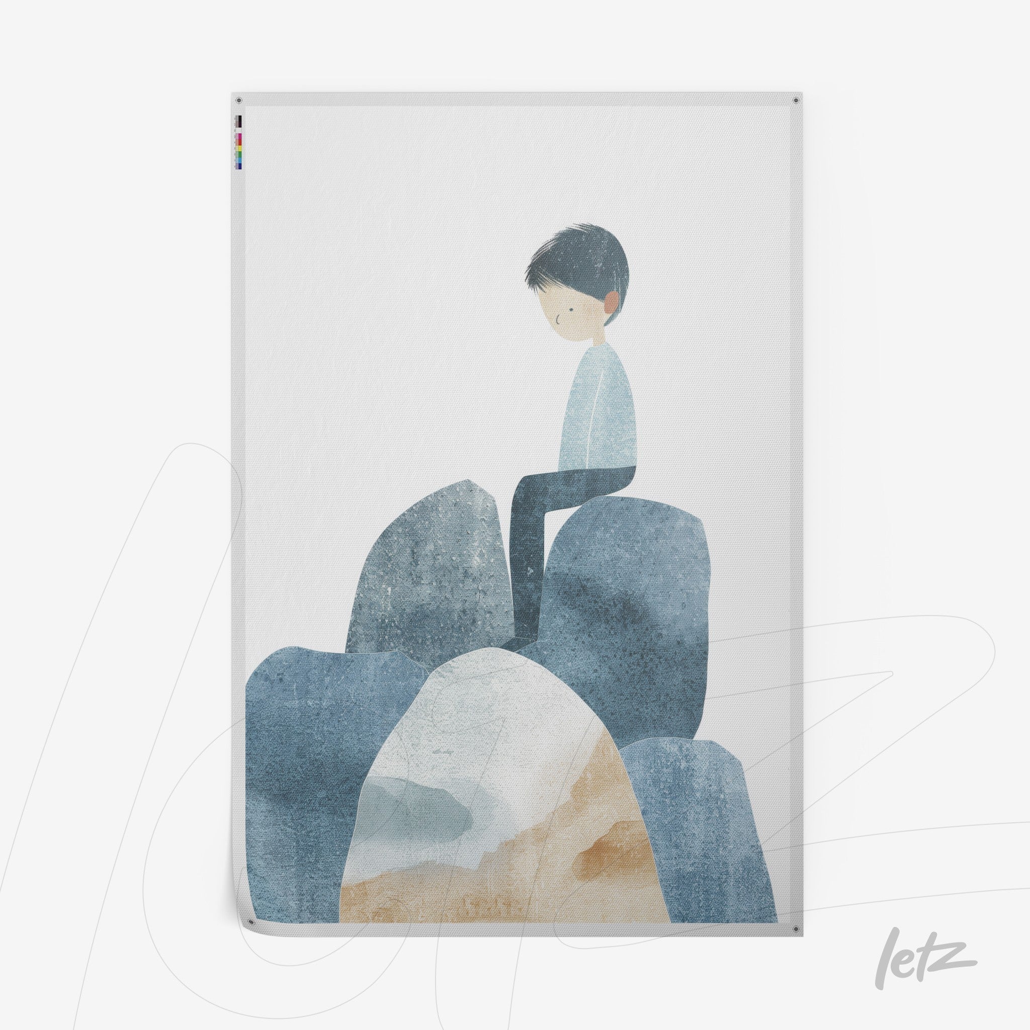 digital art of a boy sitting on rocks in shades of blue and sand