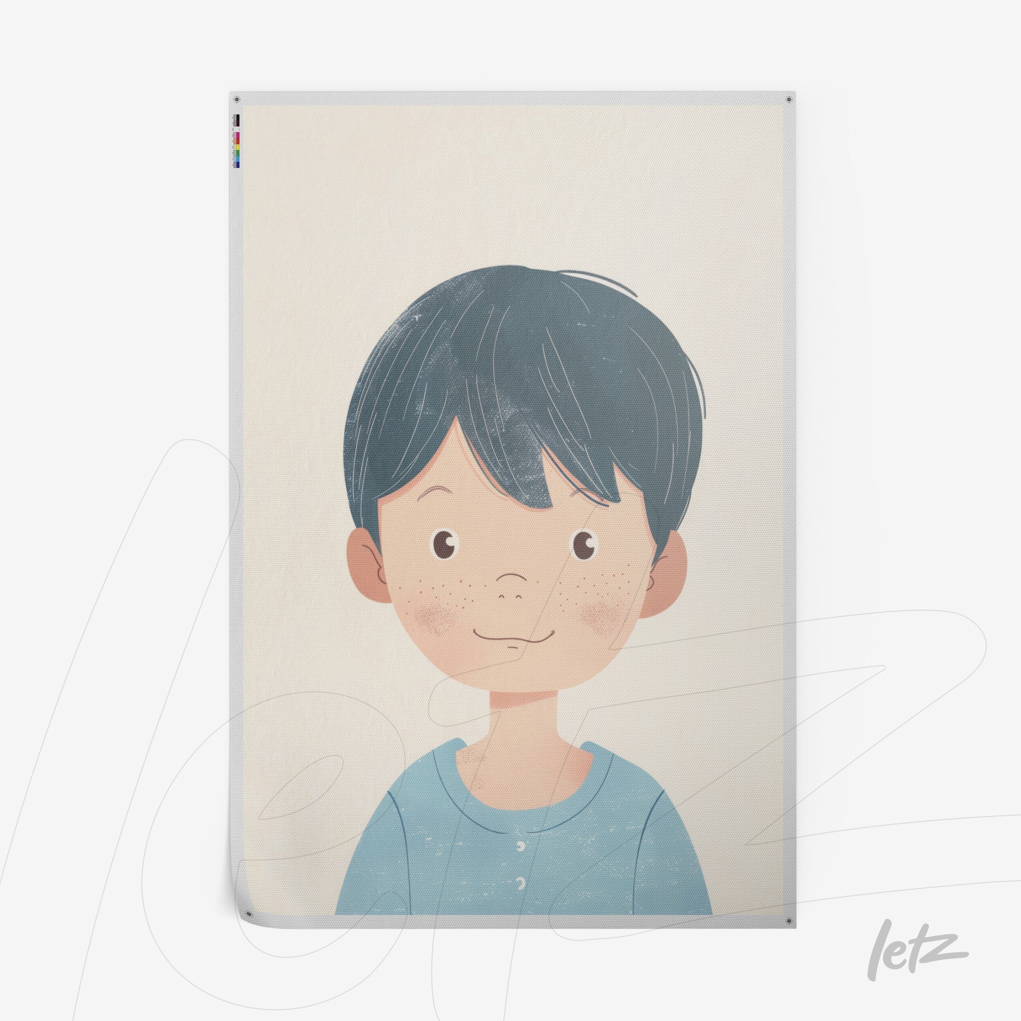 illustration of a boy with short hair and light skin wearing a blue shirt against a soft light-toned background