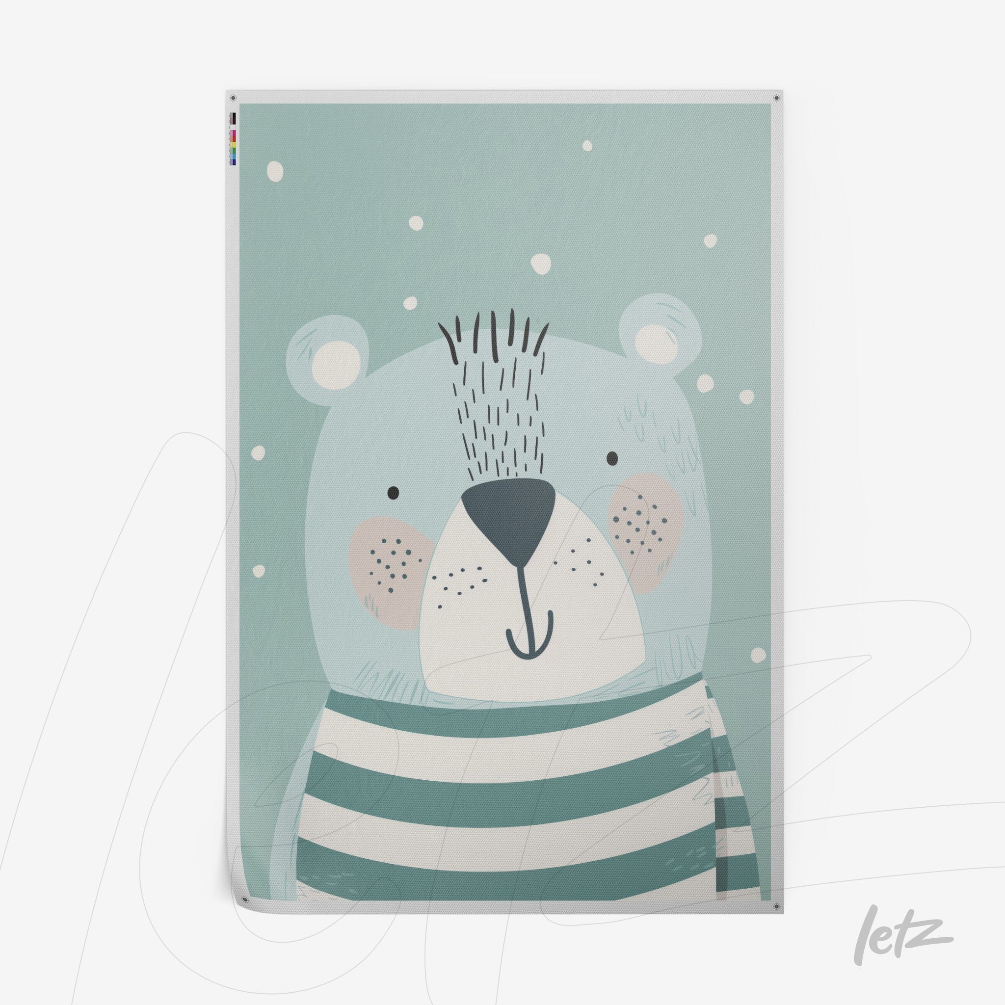 canvas print featuring cartoon bear illustration on light blue background with snowflakes