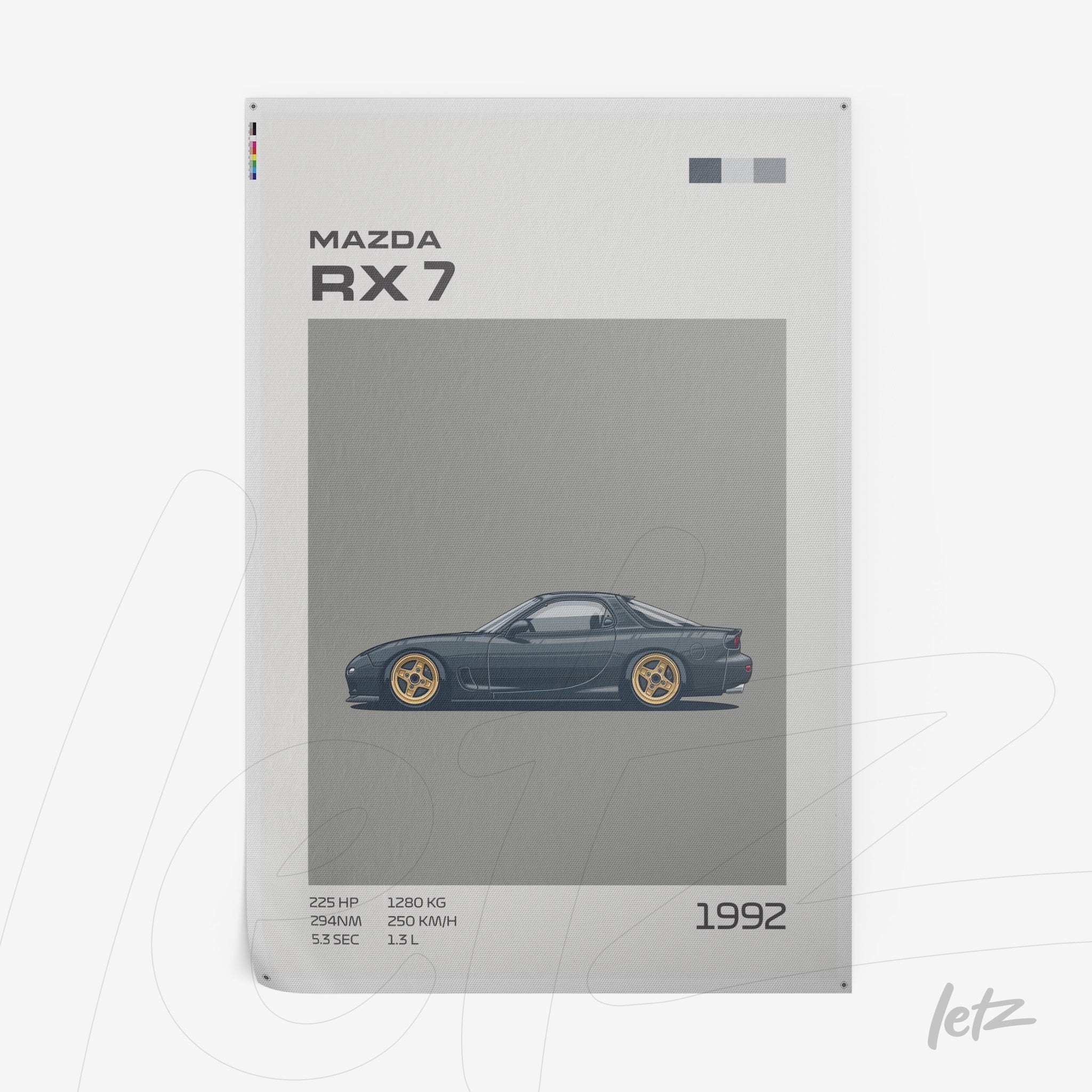 framed illustration of the 1992 Mazda RX-7 in a gray background