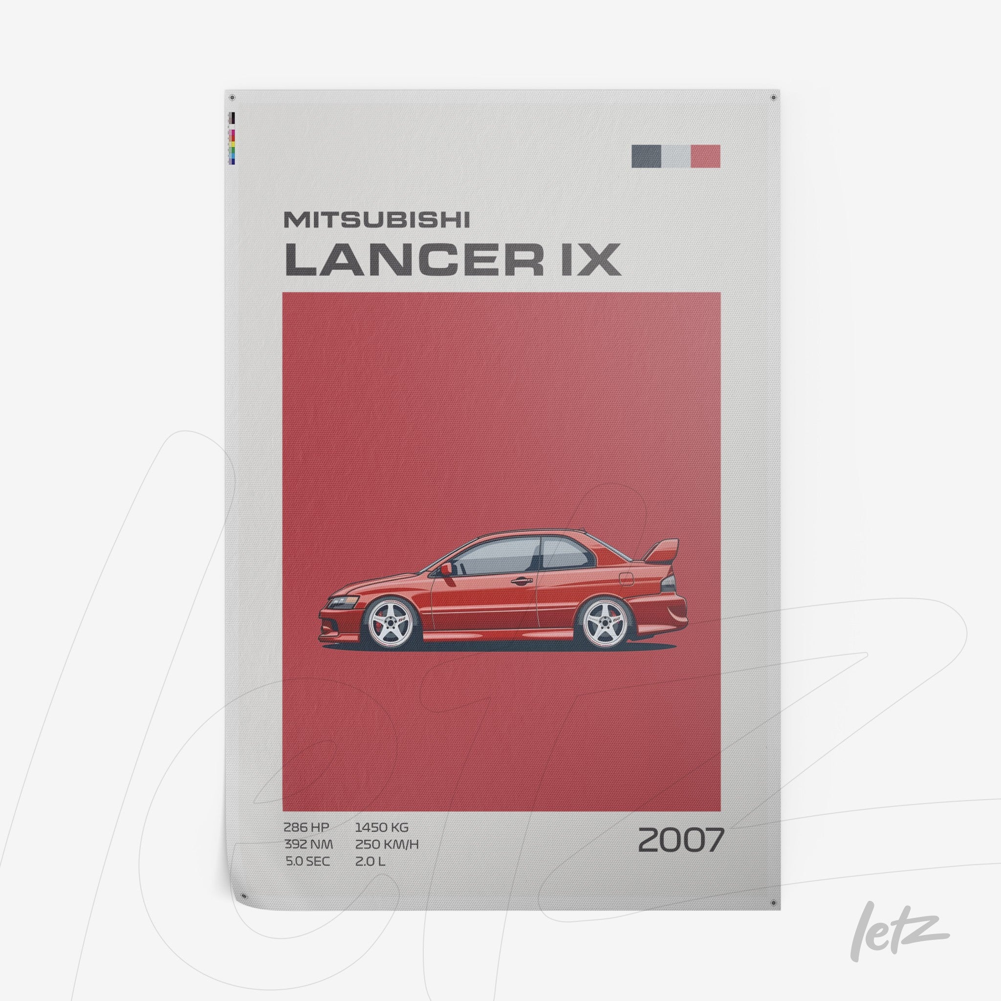 framed wall art featuring digital illustration of a Mitsubishi Lancer IX on red background highlighting its lines and stylized details