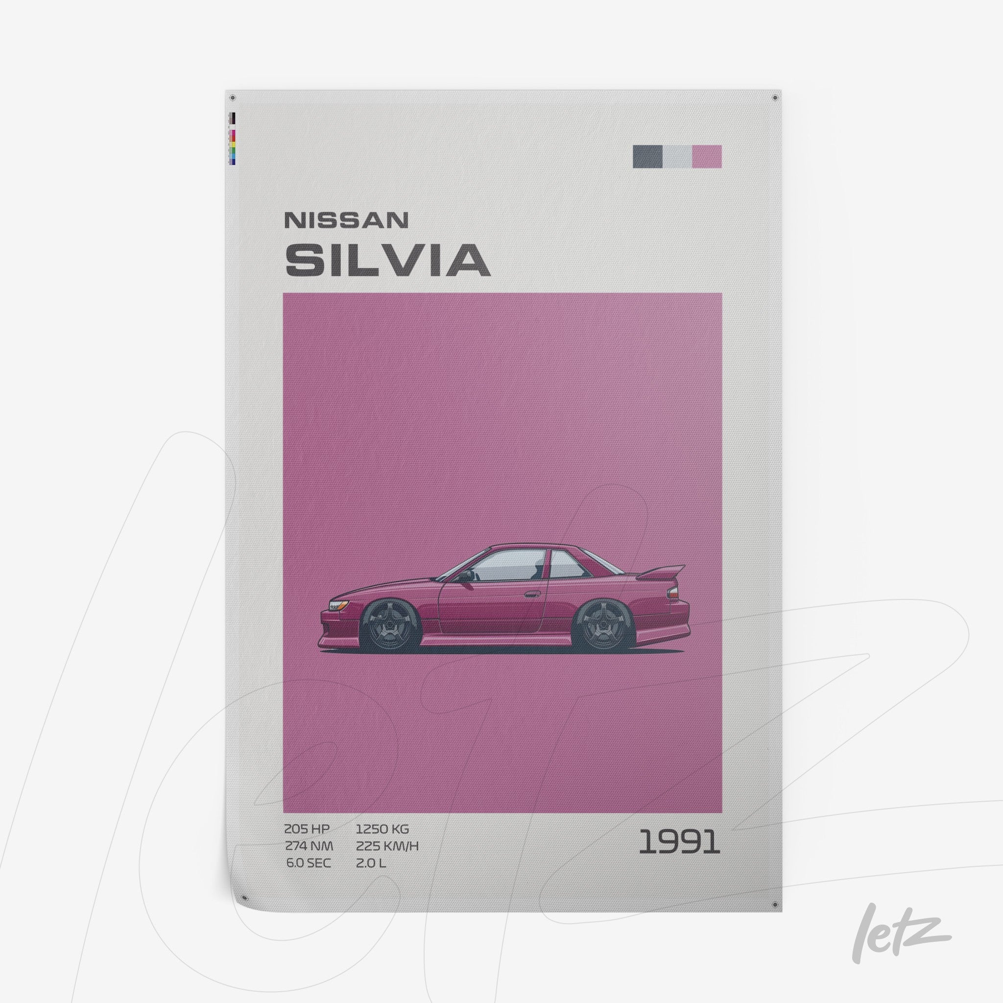 illustration of the 1991 Nissan Silvia car with pink background and graphic details