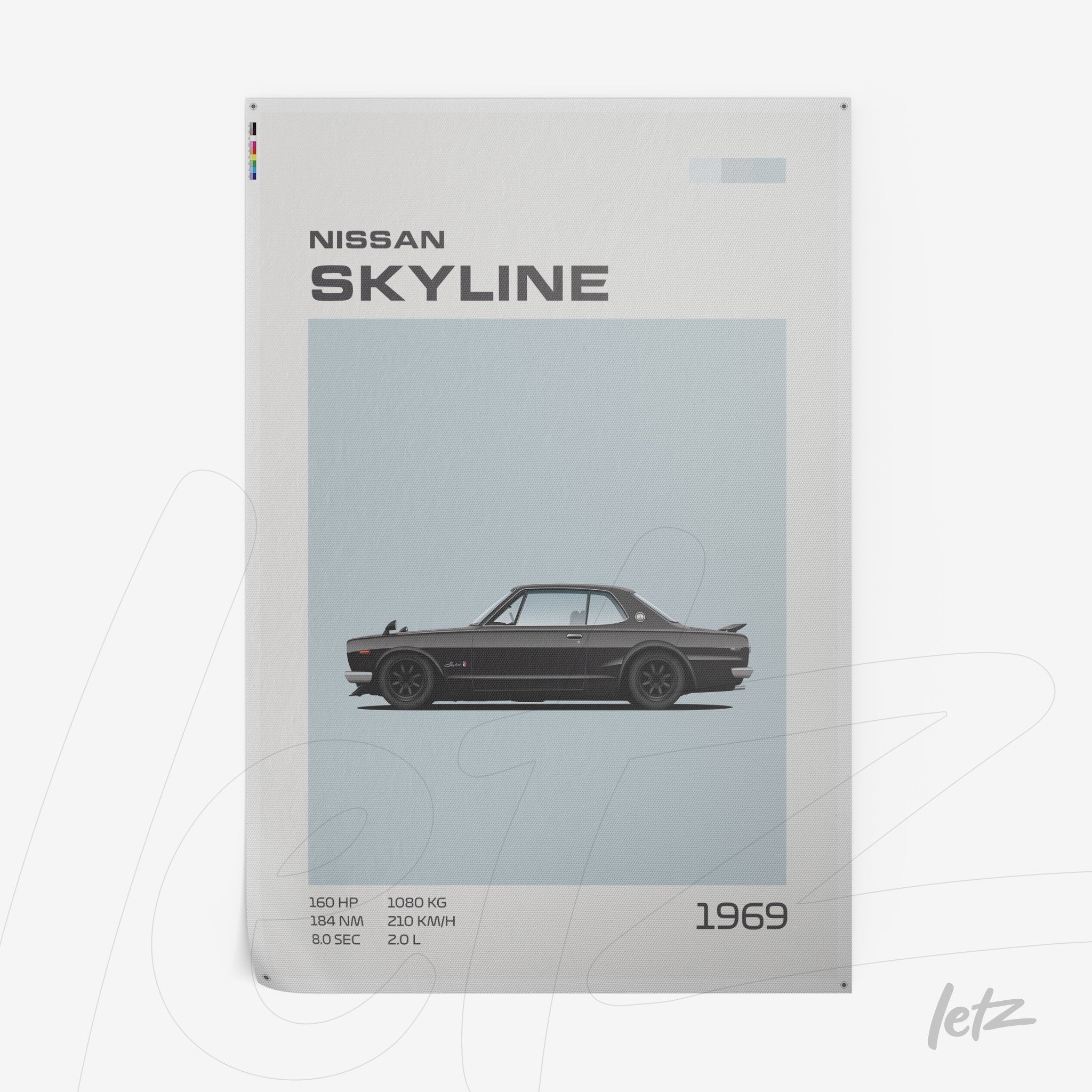 digital art of the 1969 Nissan Skyline car with a soft blue background and minimalist typography details