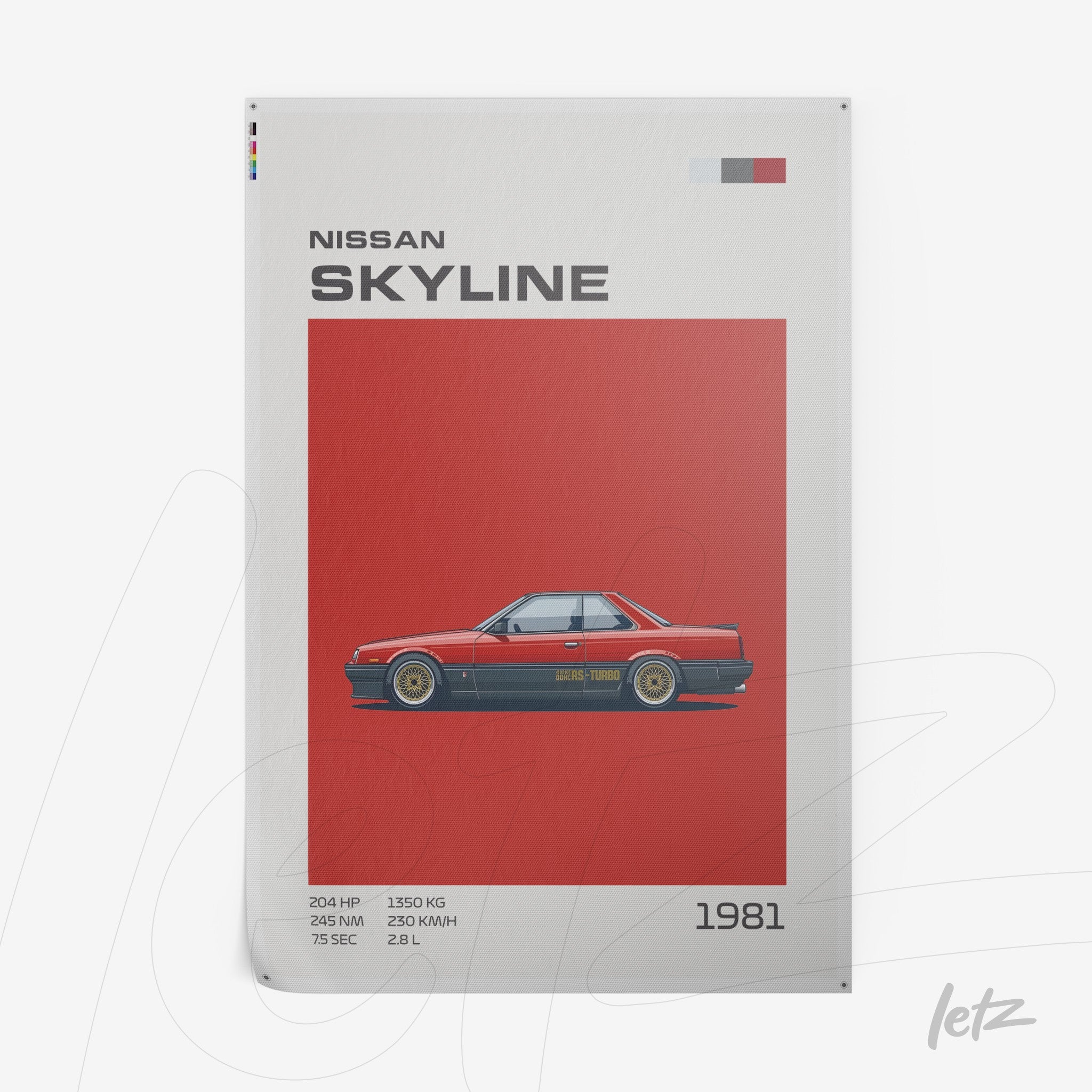 framed art print featuring 1981 Nissan Skyline sports car on red background