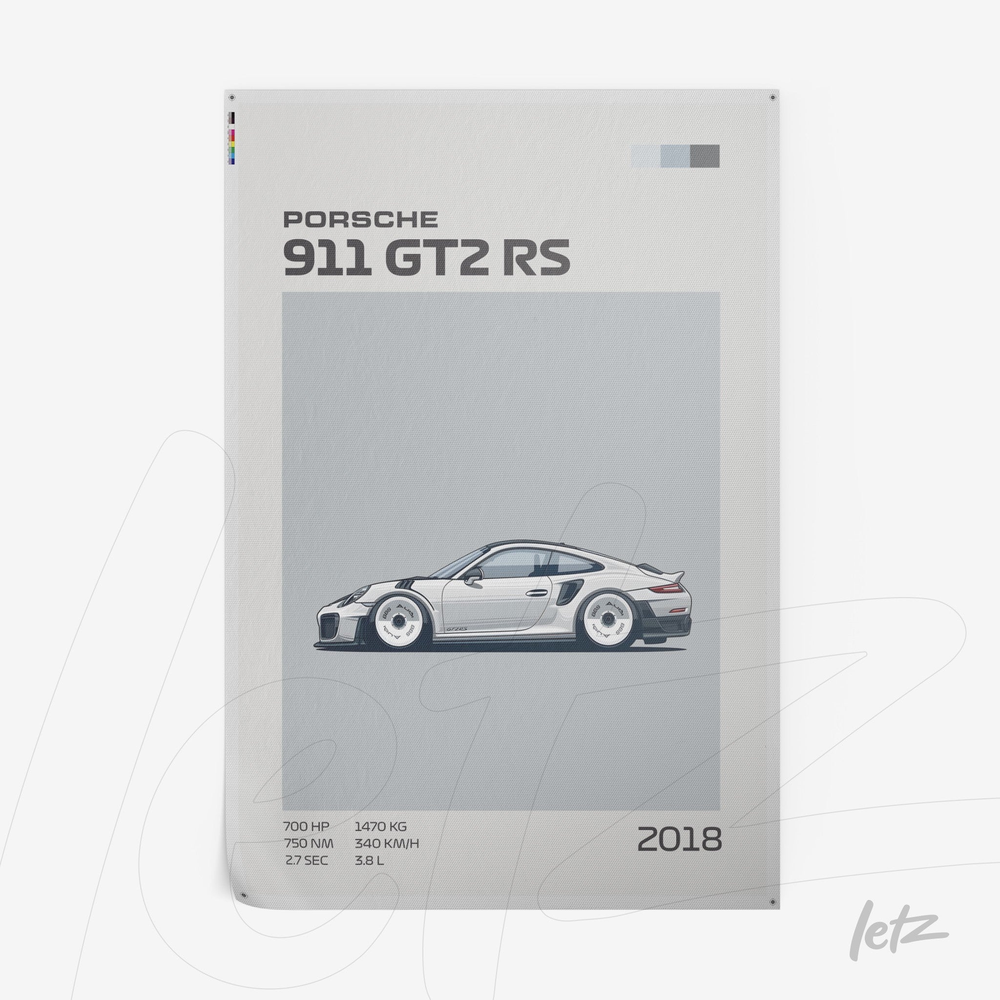 minimalist wall art featuring the 2018 Porsche 911 GT2 RS in a light background with technical details alongside