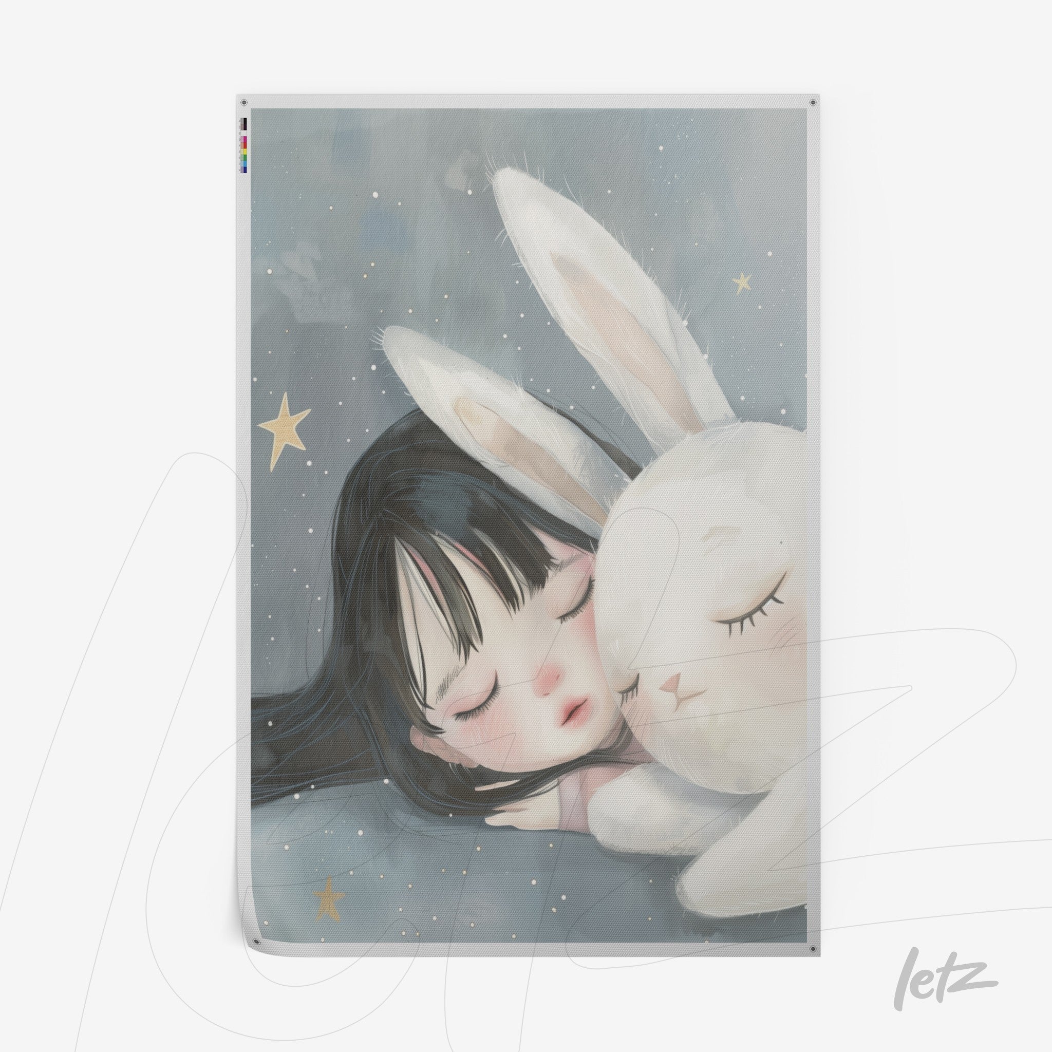 canvas print featuring a soft illustration of a sleeping girl next to a white rabbit on a starry gray background