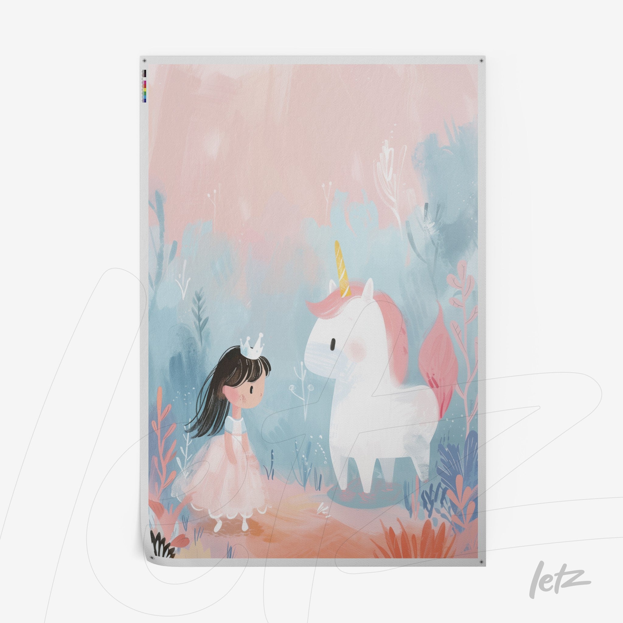 childrens' art featuring a girl in a pink dress with a crown interacting with a unicorn against a soft pastel background
