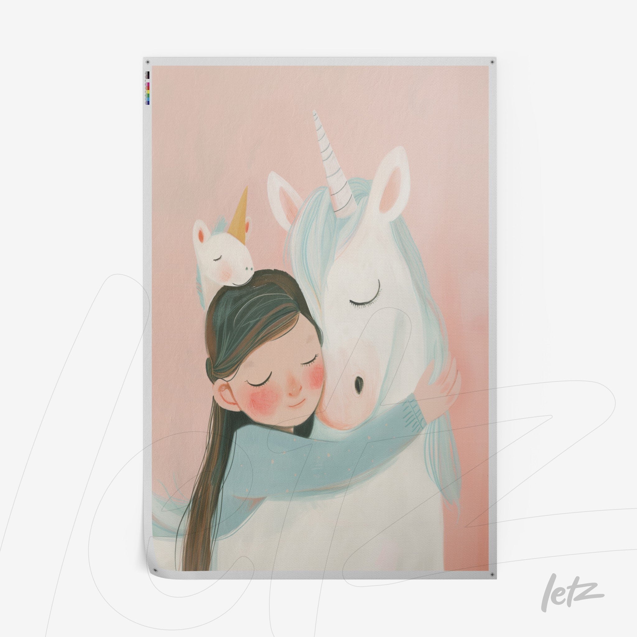 artwork featuring a girl hugging a unicorn with a soft pink background