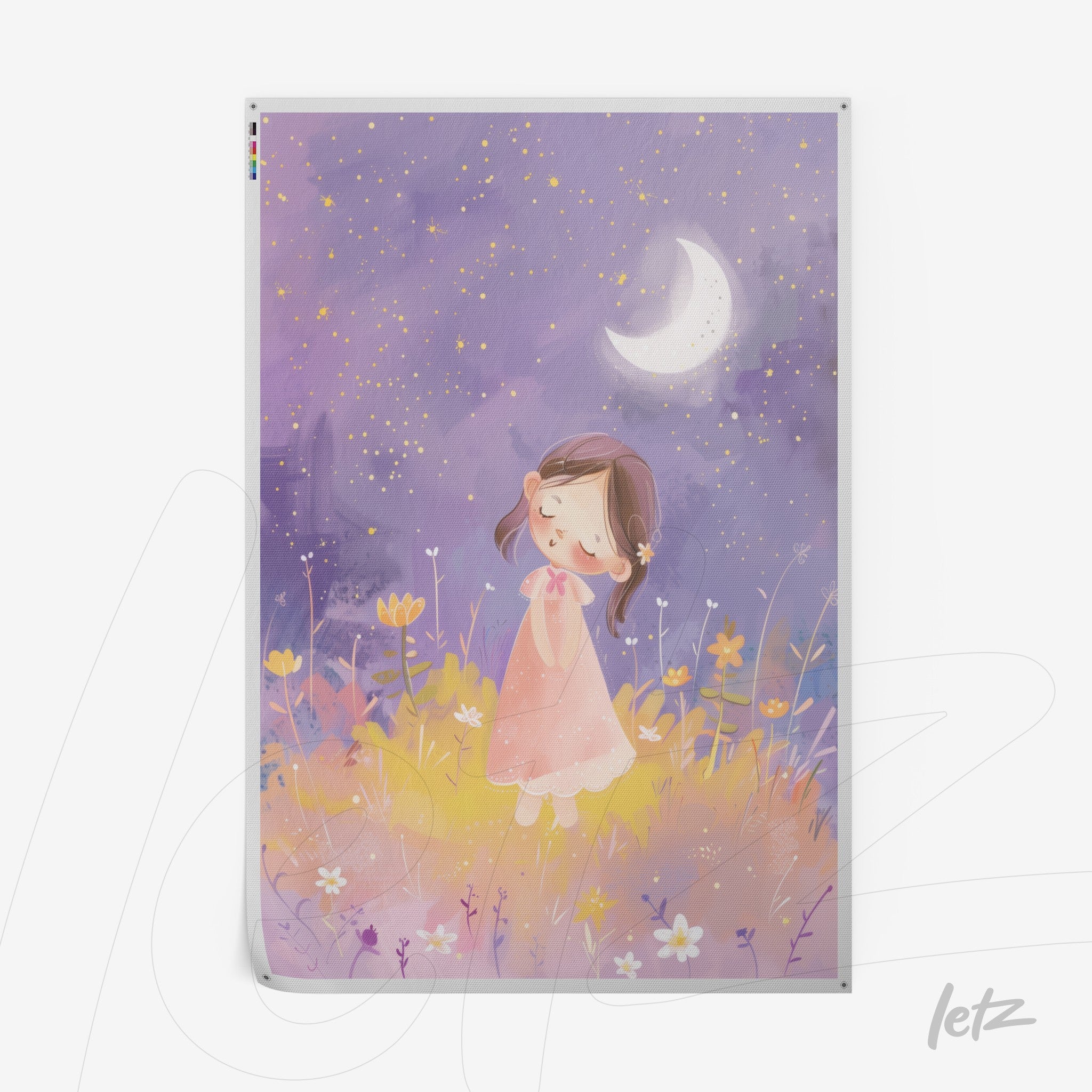 colorful illustration of a dreamy girl in a field of flowers under a starry sky with crescent moon