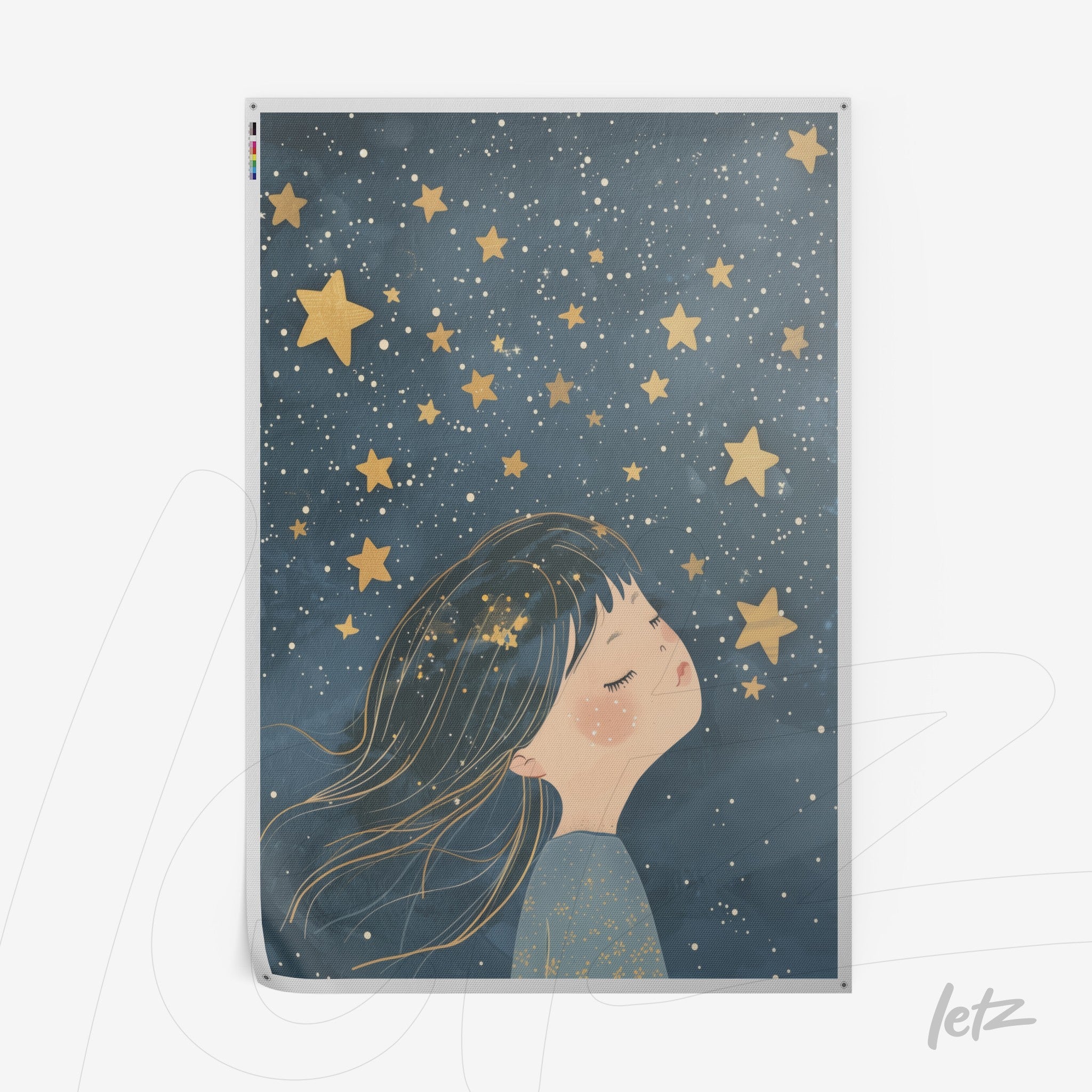 framed artwork featuring a dreamy girl surrounded by golden stars on a dark blue background with a shimmering effect