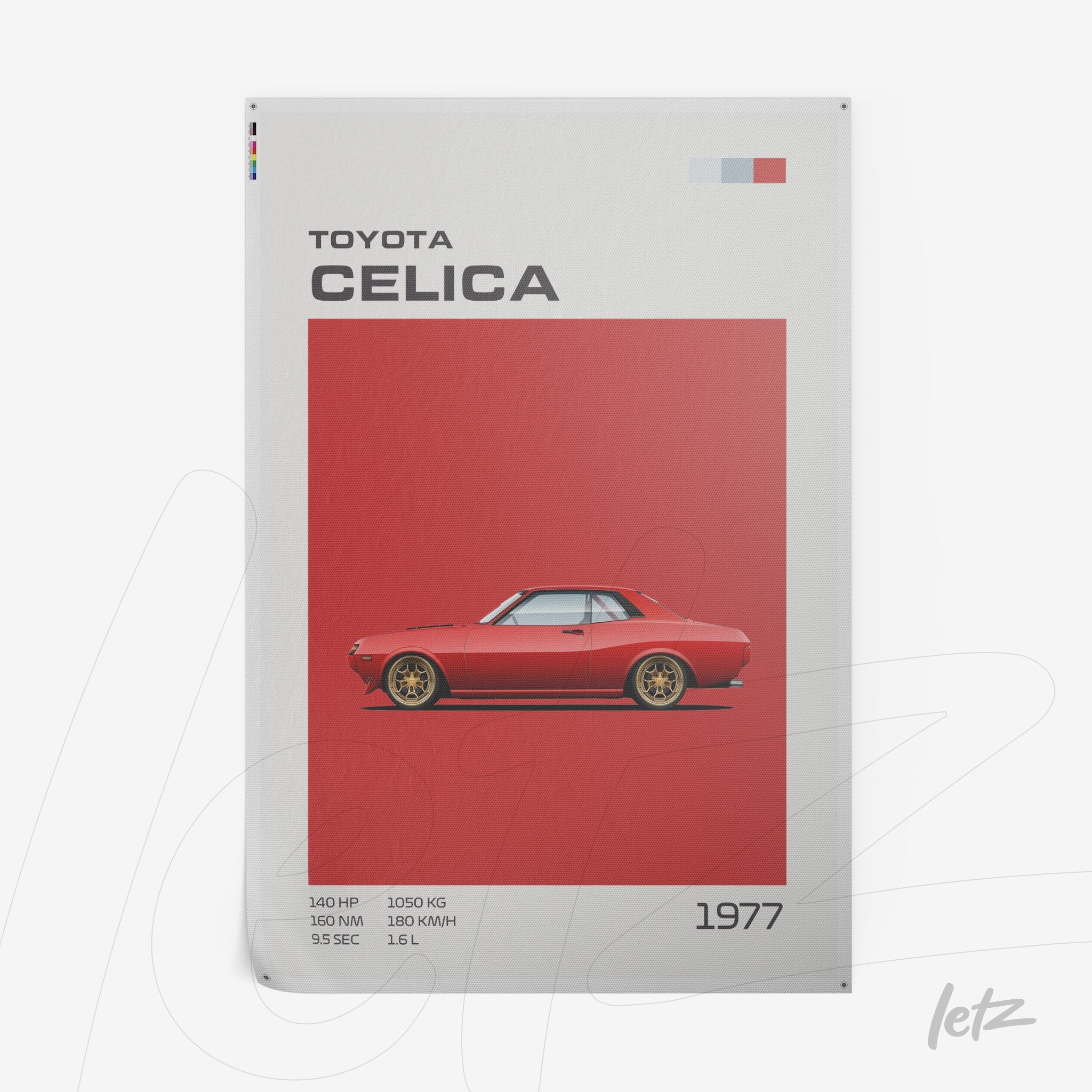 art print featuring a digital illustration of a 1977 Toyota Celica against a vibrant red background