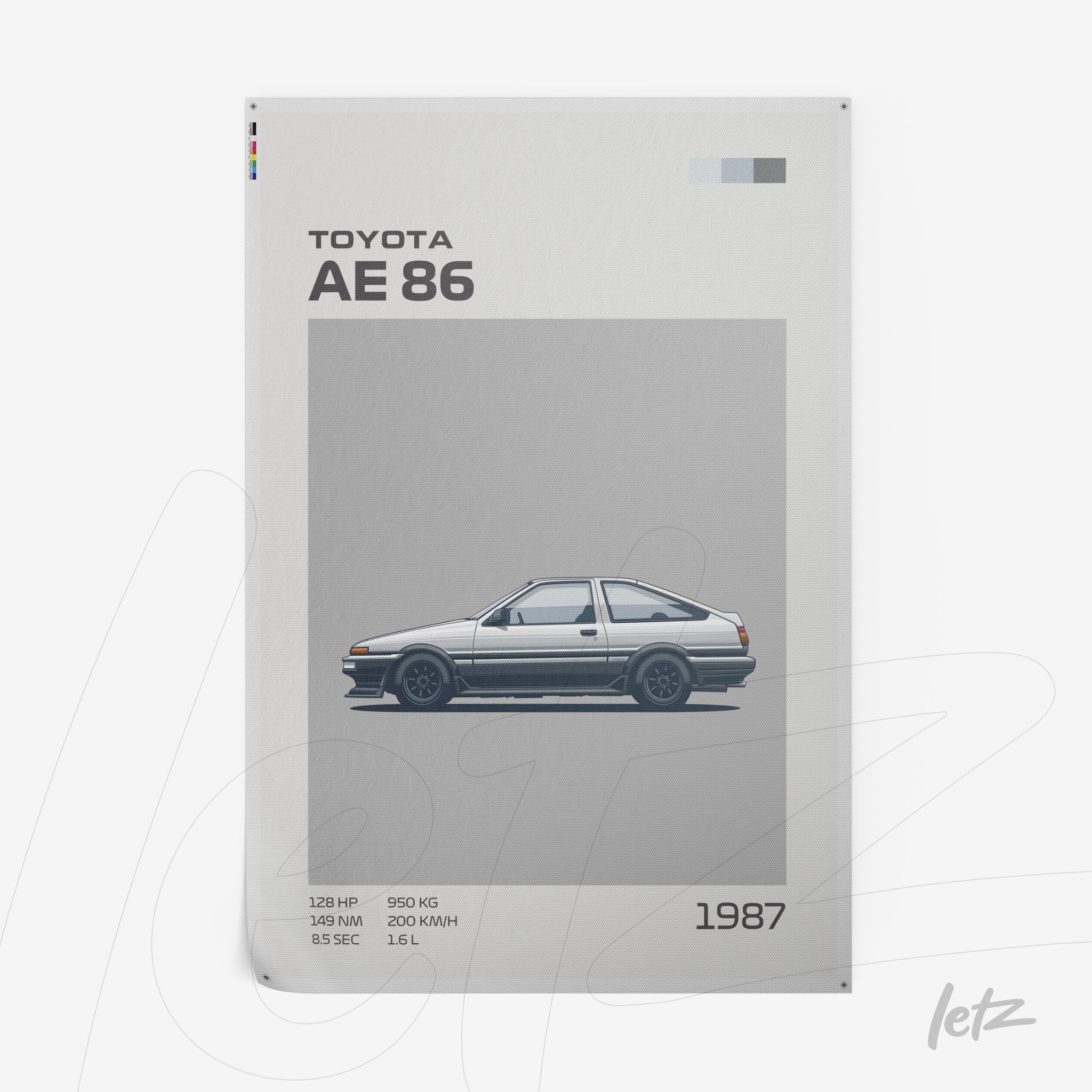 minimalist wall art featuring a Toyota AE 86 car on light gray background