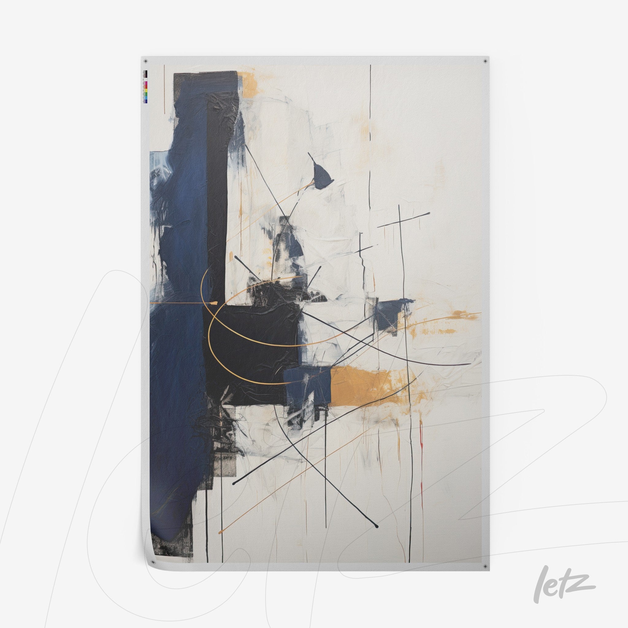 contemporary abstract canvas art featuring shades of blue and gold with a light background and dynamic straight lines