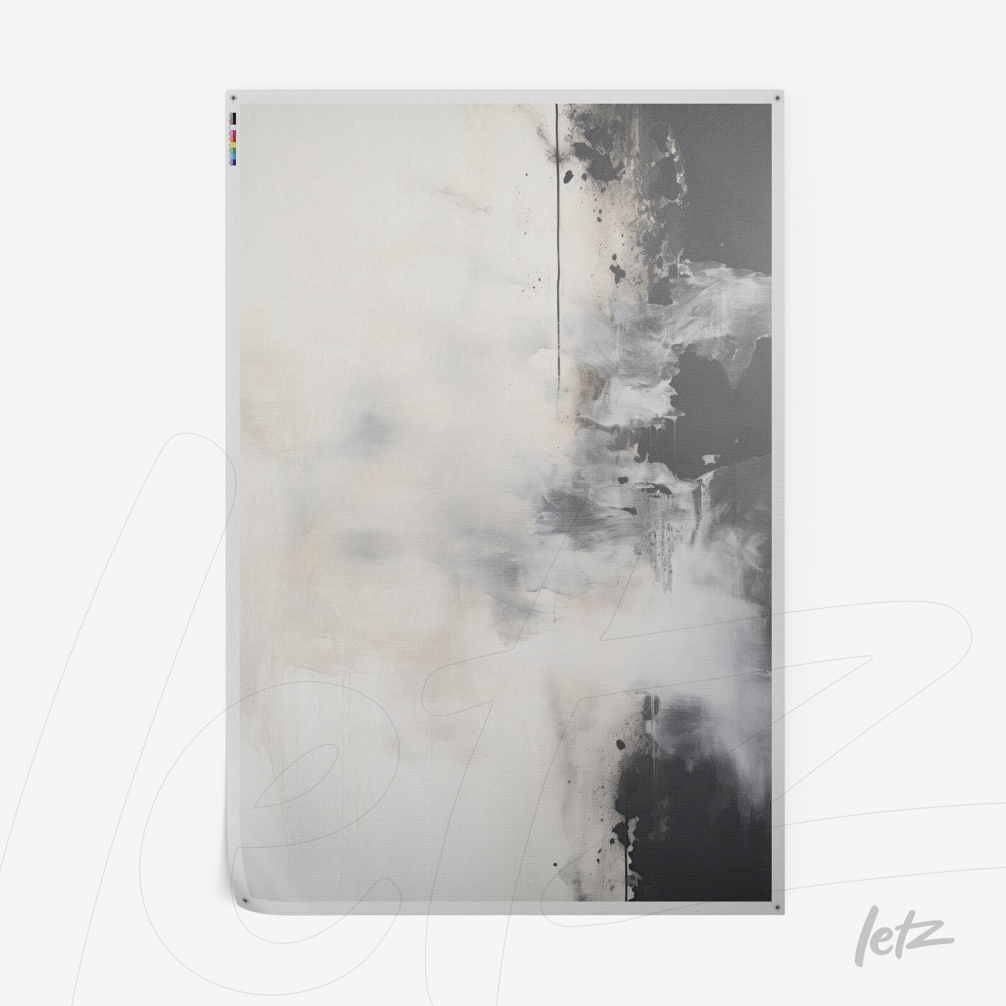 abstract canvas wall art in beige and black tones featuring soft textures and organic splashes