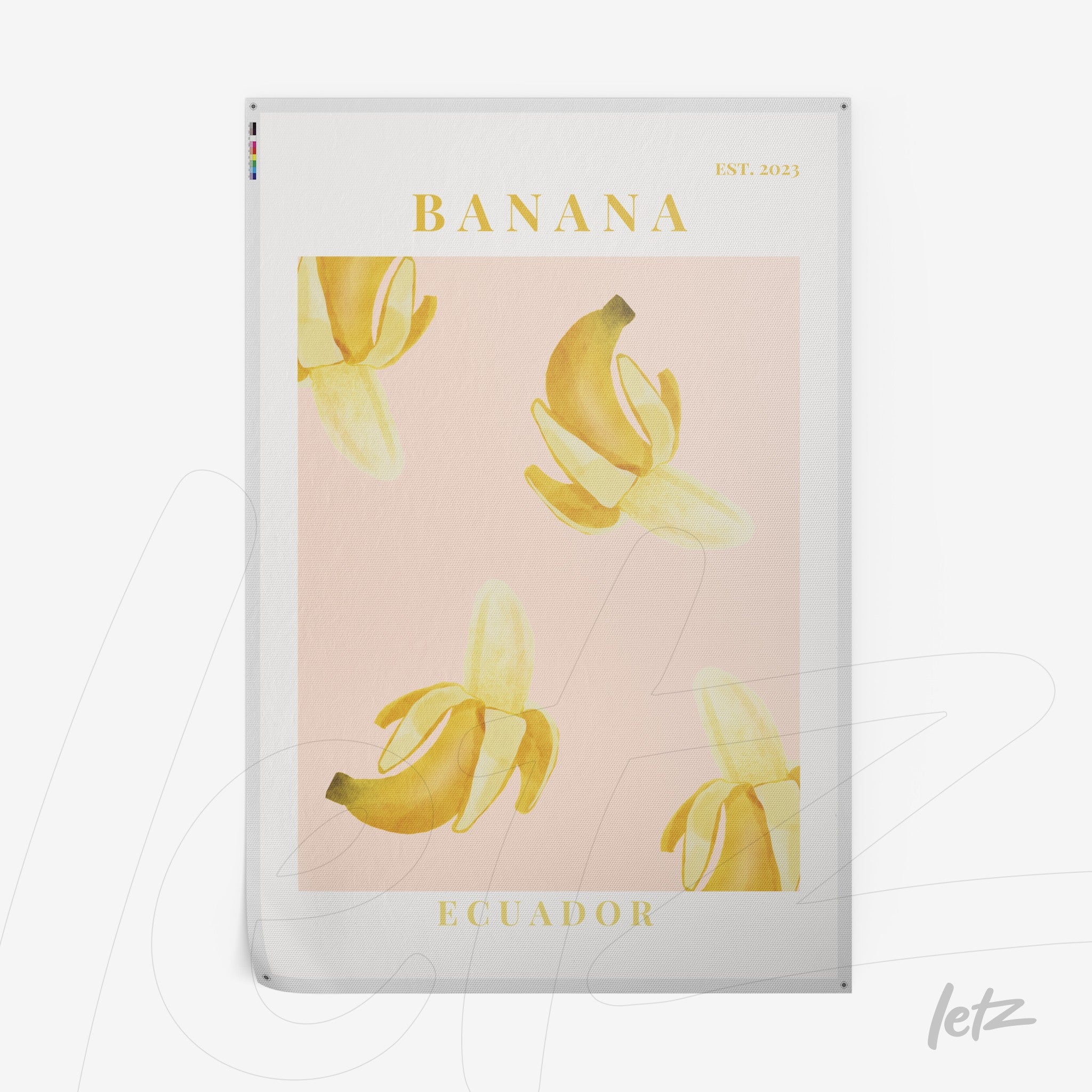 poster print featuring illustrations of bananas on a light pink background, highlighted by golden text