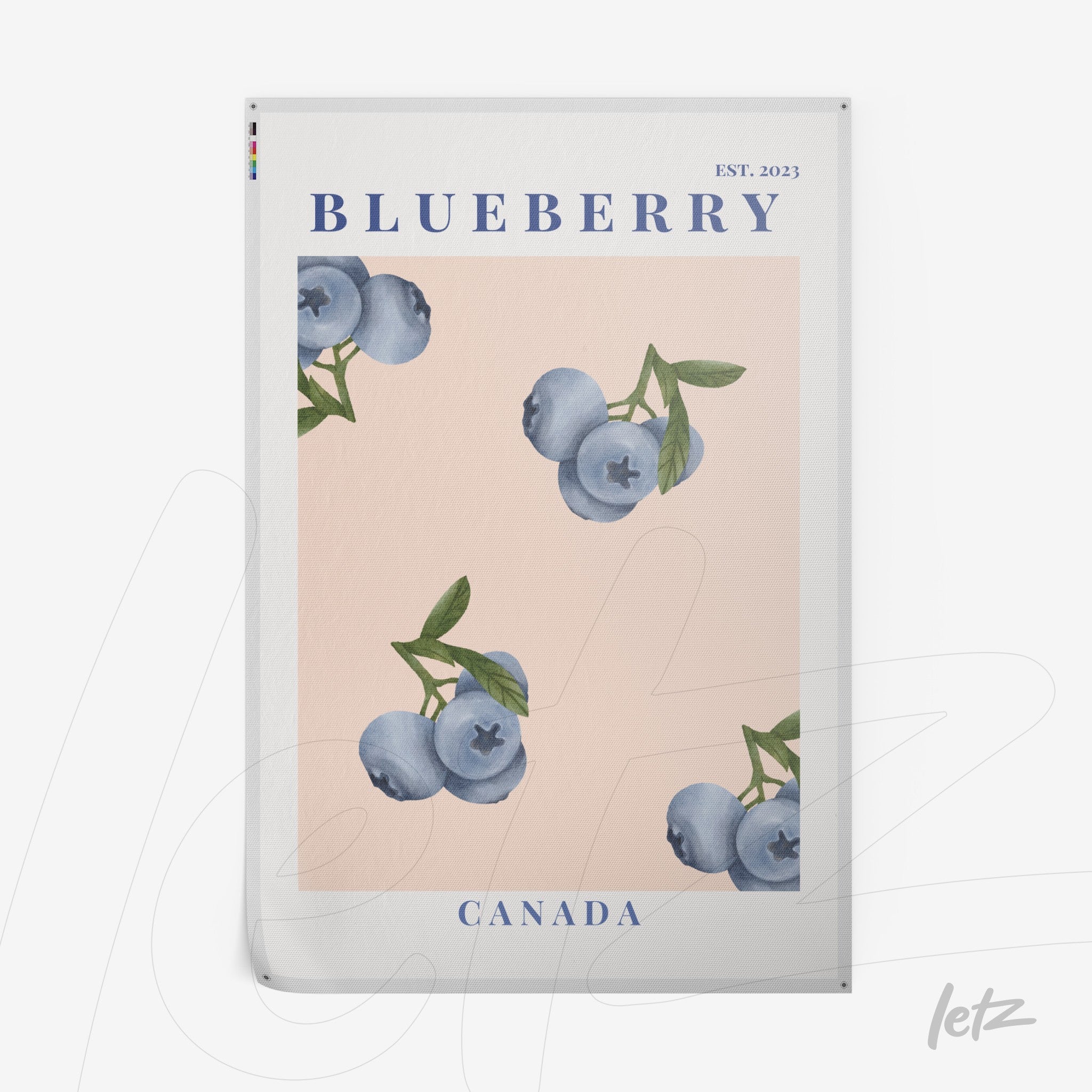 framed wall art featuring watercolor blueberries on pink background with blue vintage style text