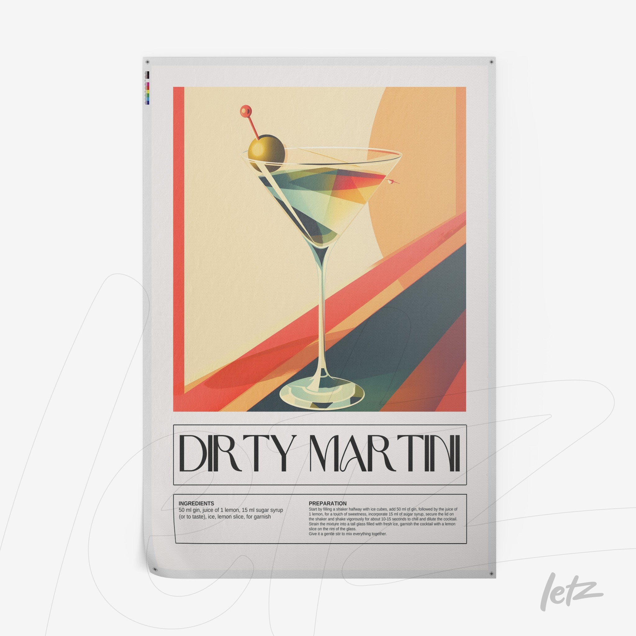 framed art print of a stylized dirty martini with a fine black frame