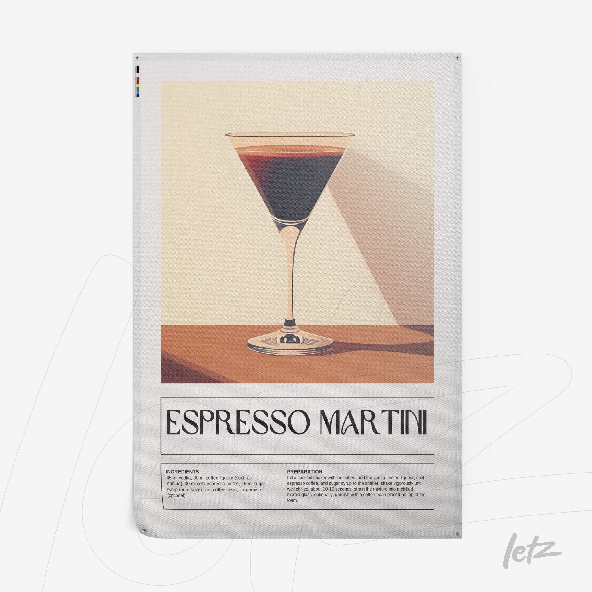illustrative wall art of espresso martini cocktail on a light background featuring ingredients and preparation details