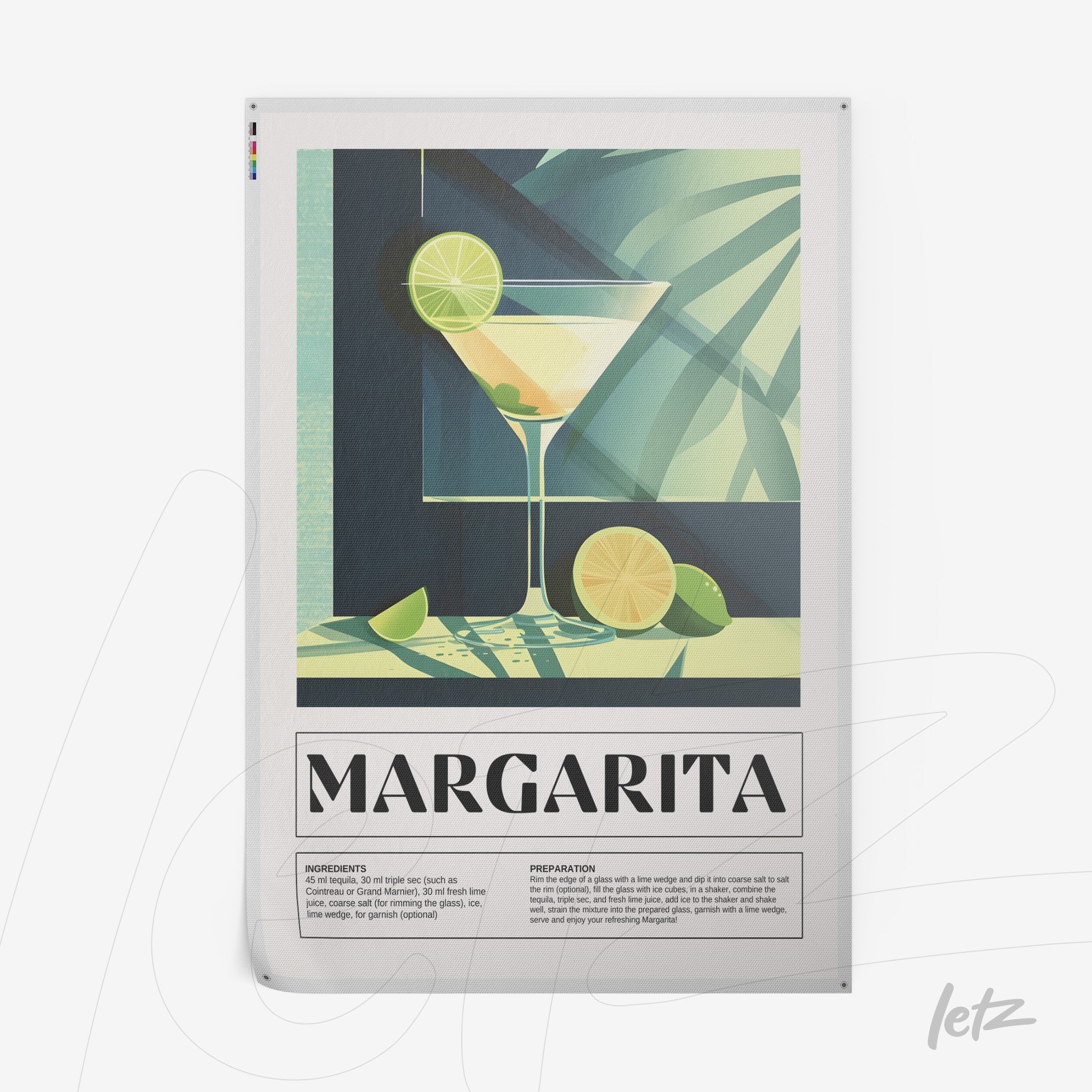 framed artwork of a margarita cocktail in minimalist style, featuring a drink glass, lime, and green leaves in the background, with a white frame