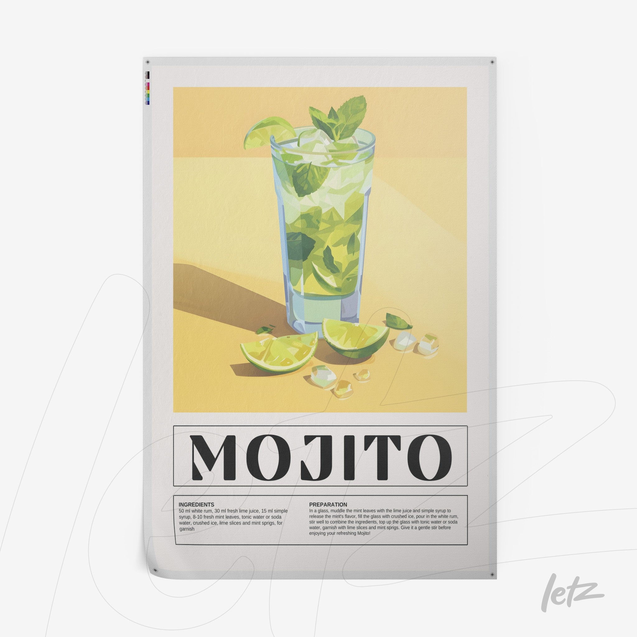 digital art of a mojito in a tall glass on yellow background, featuring limes and ice in the composition