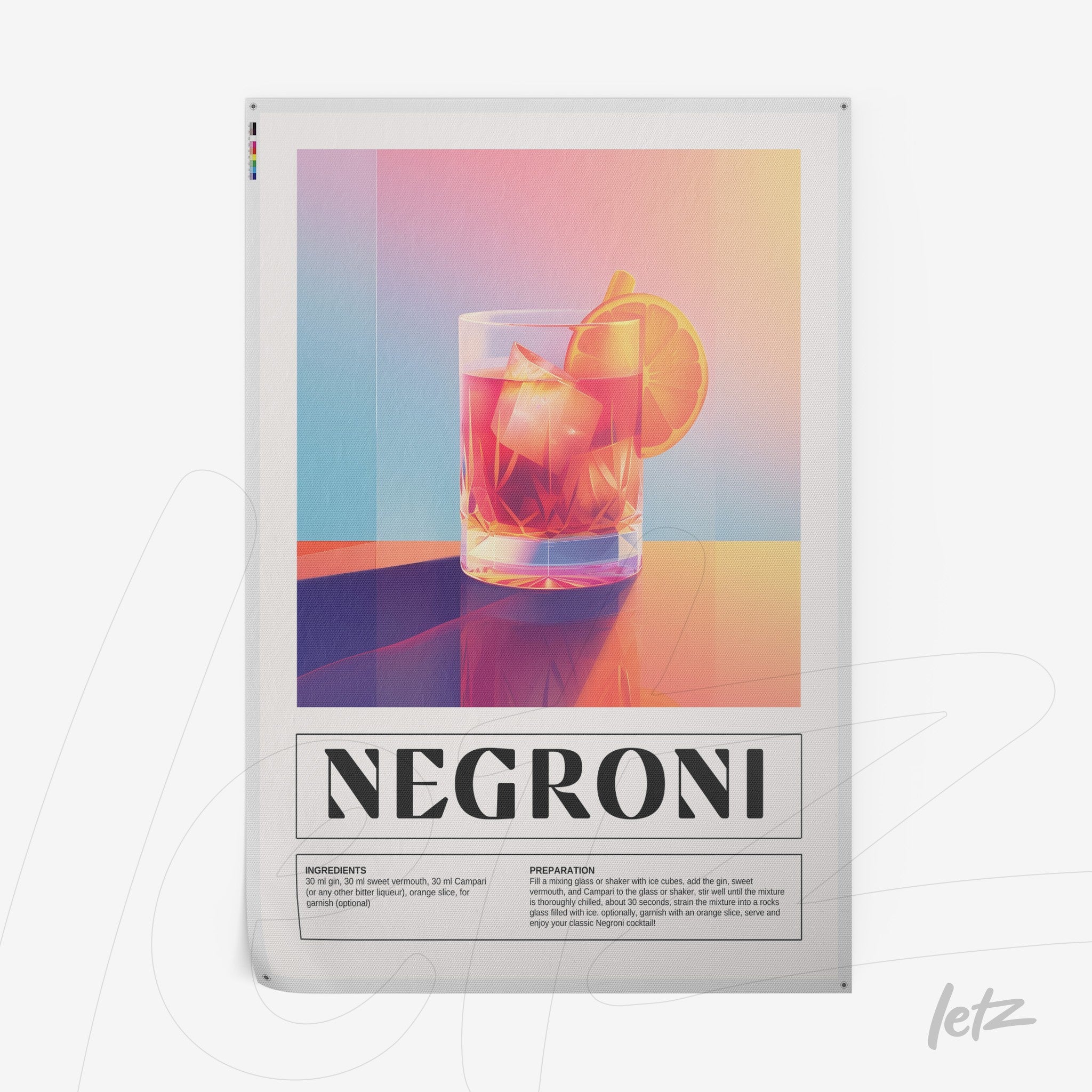 modern wall art of negroni cocktail with ice in glass, colorful gradient background