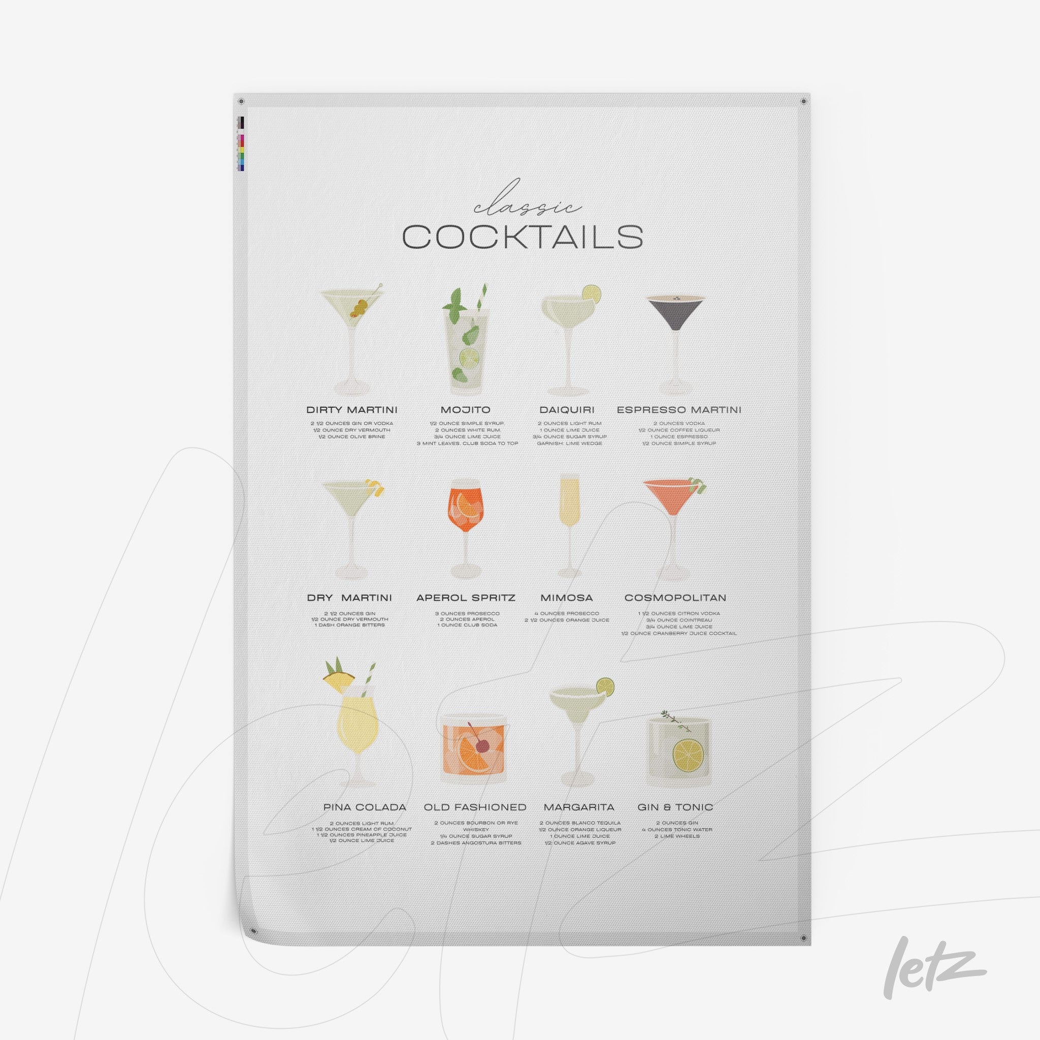 poster featuring illustrations of classic cocktails such as mojito, dry martini, and cosmopolitan on white background